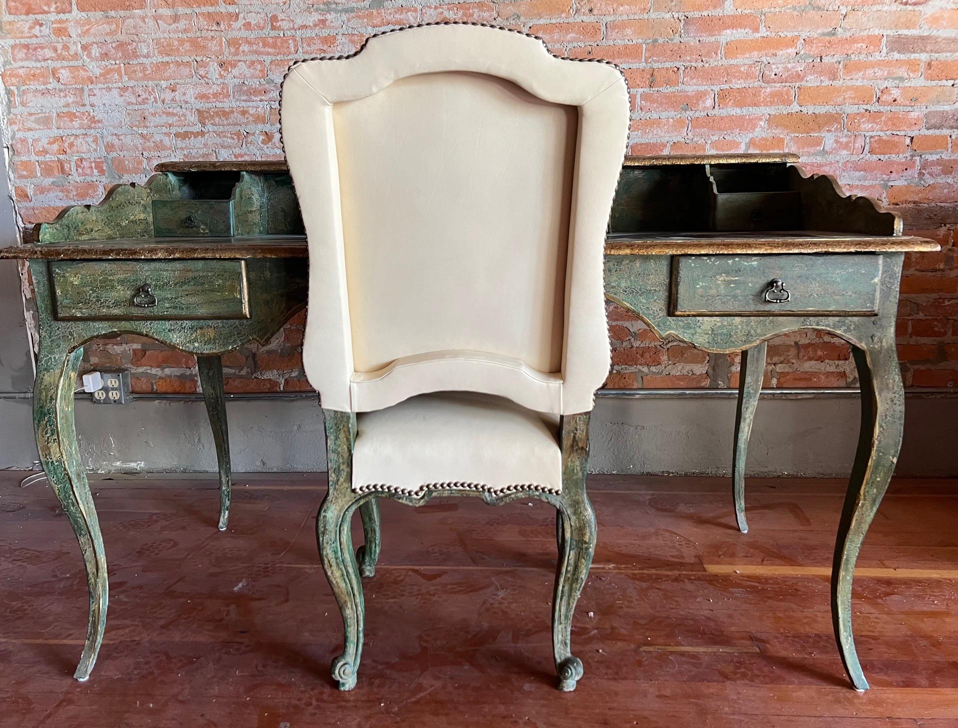 Custom fine reproduction of an 18th century desk and chair are one of a kind, and hand crafted. The finish is called Jade Apple  The desk has a leather top. The chair and desk have matching finishes, the chair is also covered in white leather, has