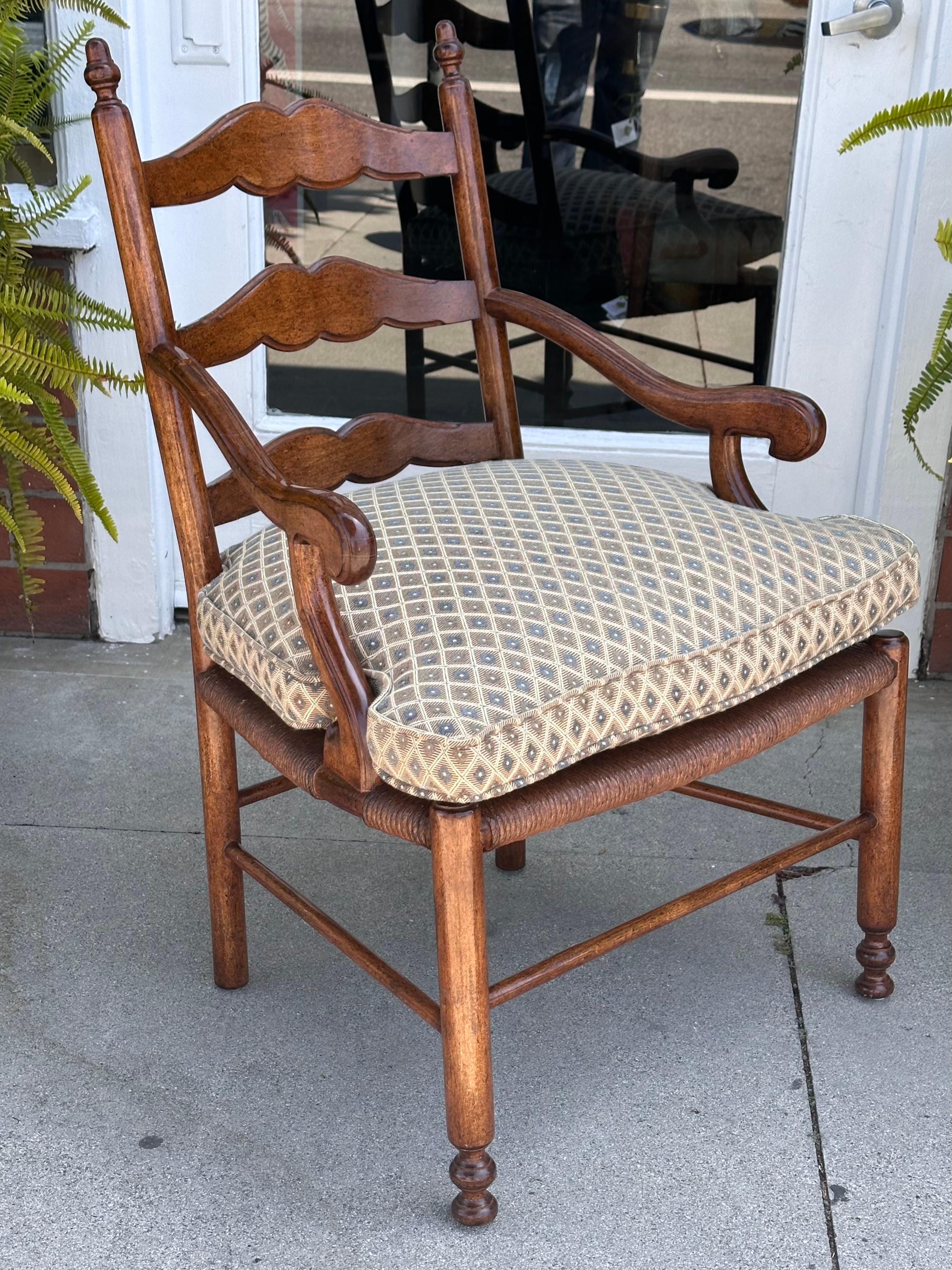 Minton Spidell French Country Ladder Back Arm Chair W Rush Street In Good Condition For Sale In LOS ANGELES, CA