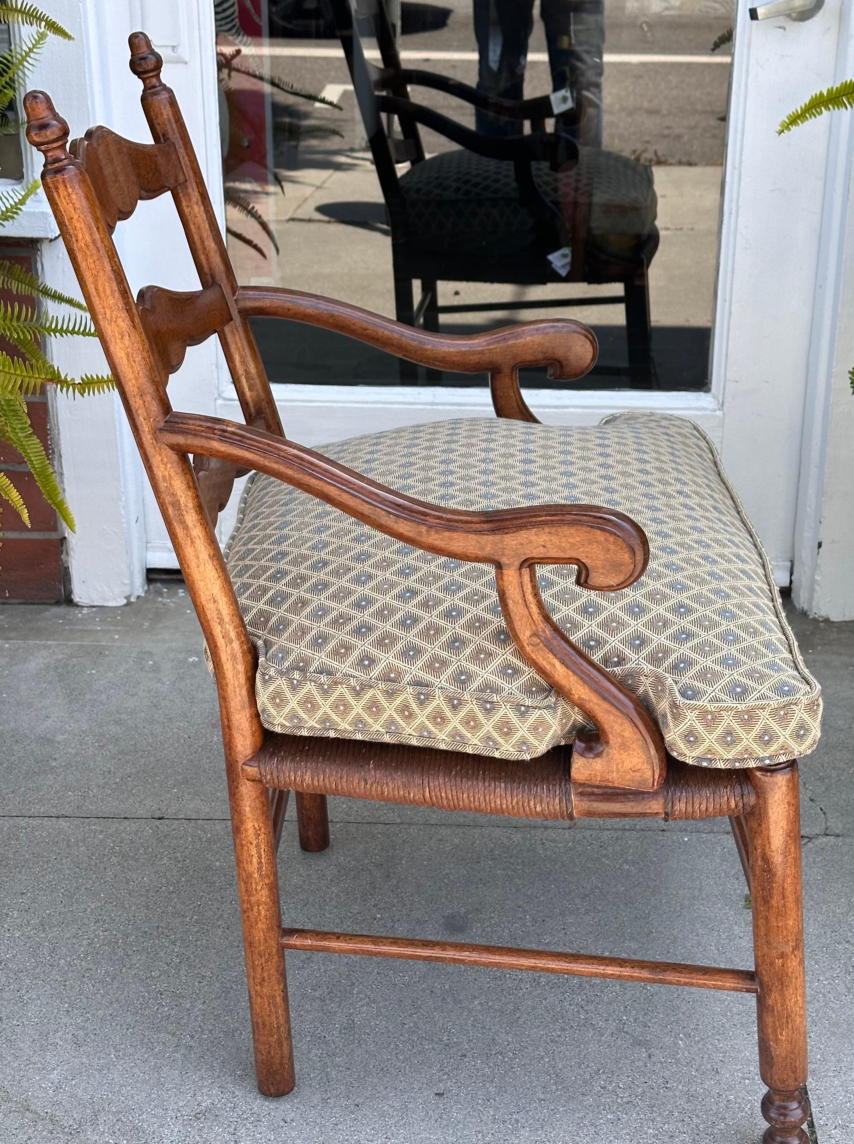 Late 20th Century Minton Spidell French Country Ladder Back Arm Chair W Rush Street For Sale