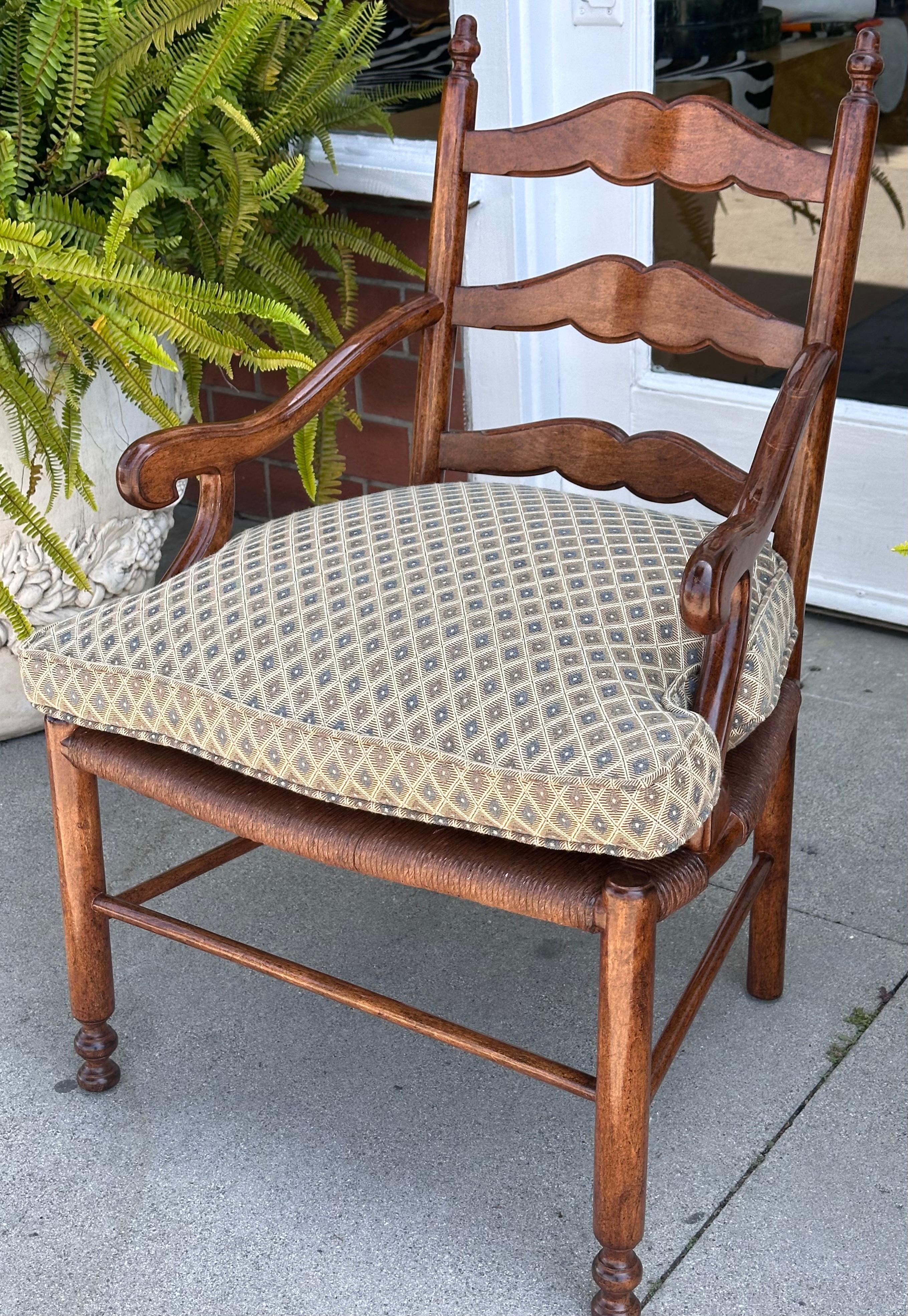 Wood Minton Spidell French Country Ladder Back Arm Chair W Rush Street For Sale