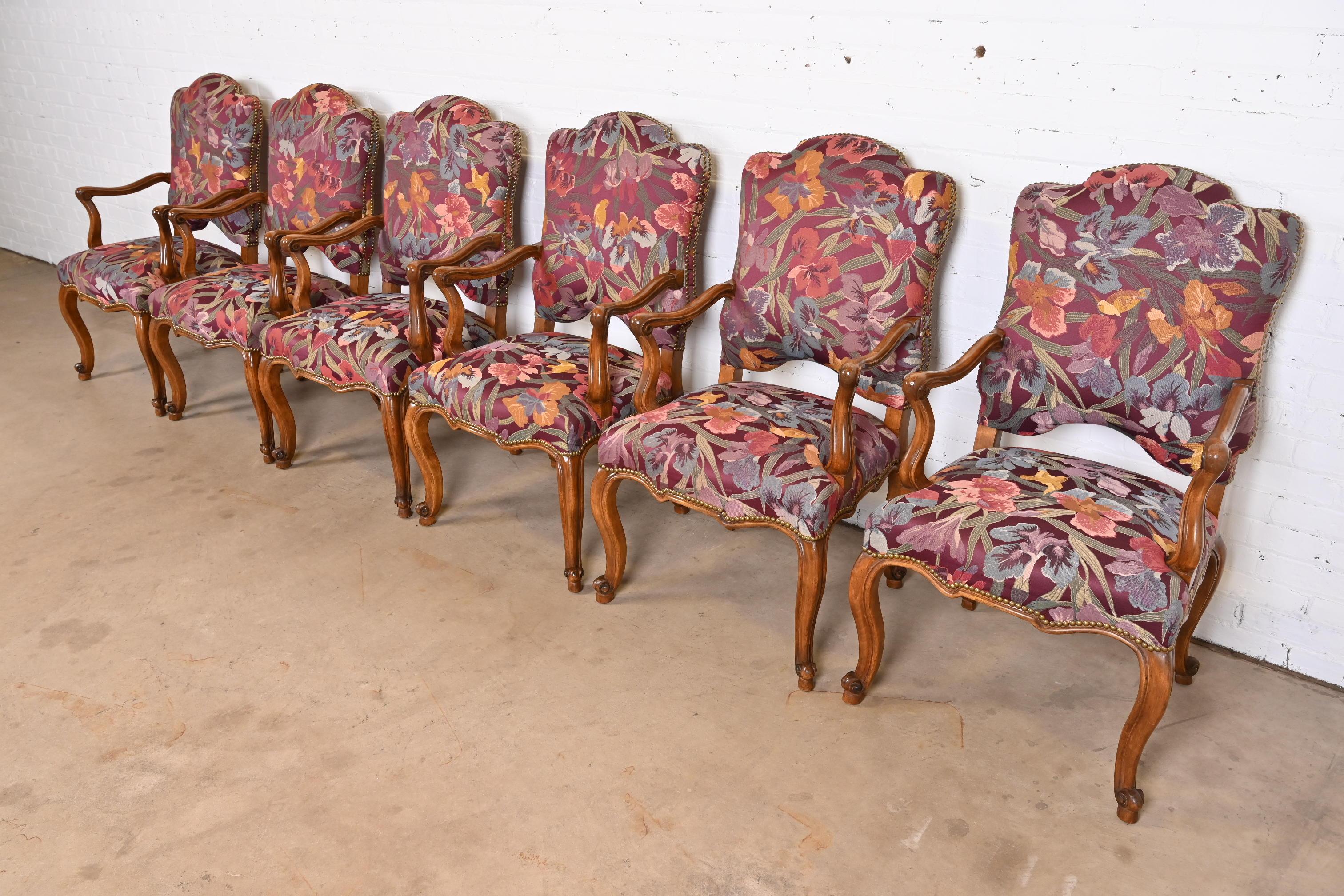 American Minton Spidell French Louis XV Style Walnut Dining Arm Chairs, Set of Six For Sale