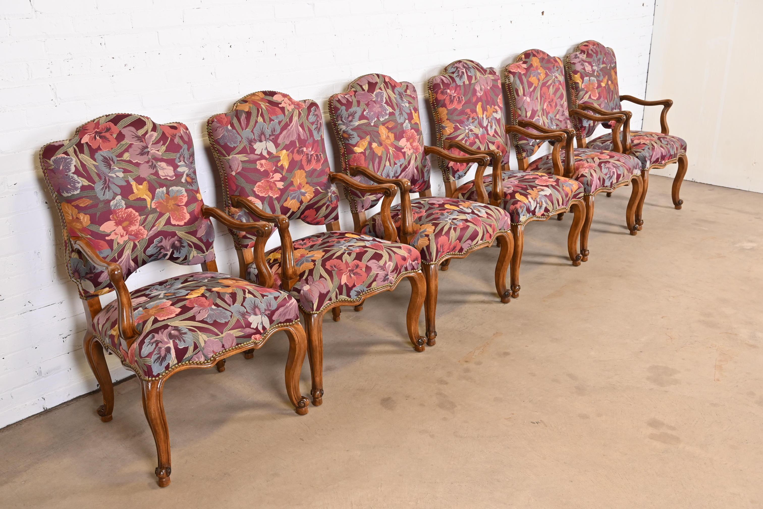 20th Century Minton Spidell French Louis XV Style Walnut Dining Arm Chairs, Set of Six For Sale