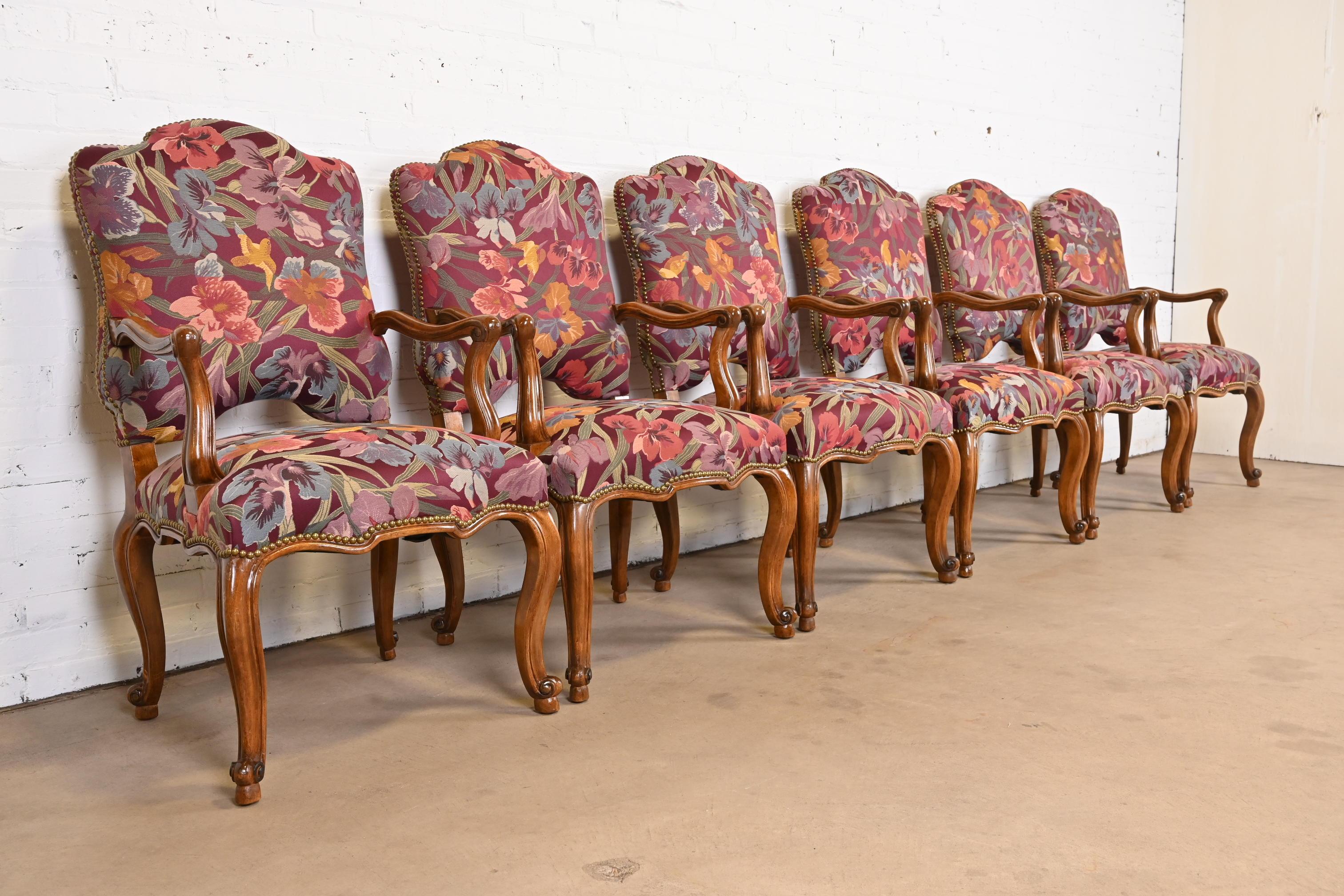 Brass Minton Spidell French Louis XV Style Walnut Dining Arm Chairs, Set of Six For Sale