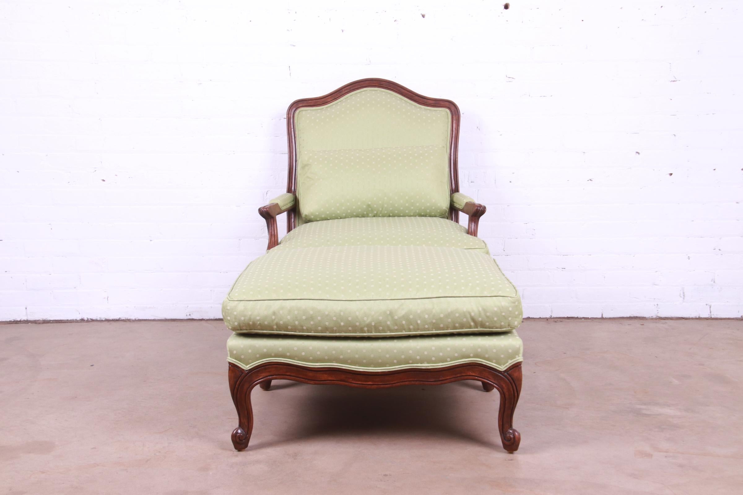 Minton-Spidell French Provincial Carved Walnut Upholstered Fauteuil with Ottoman For Sale 1