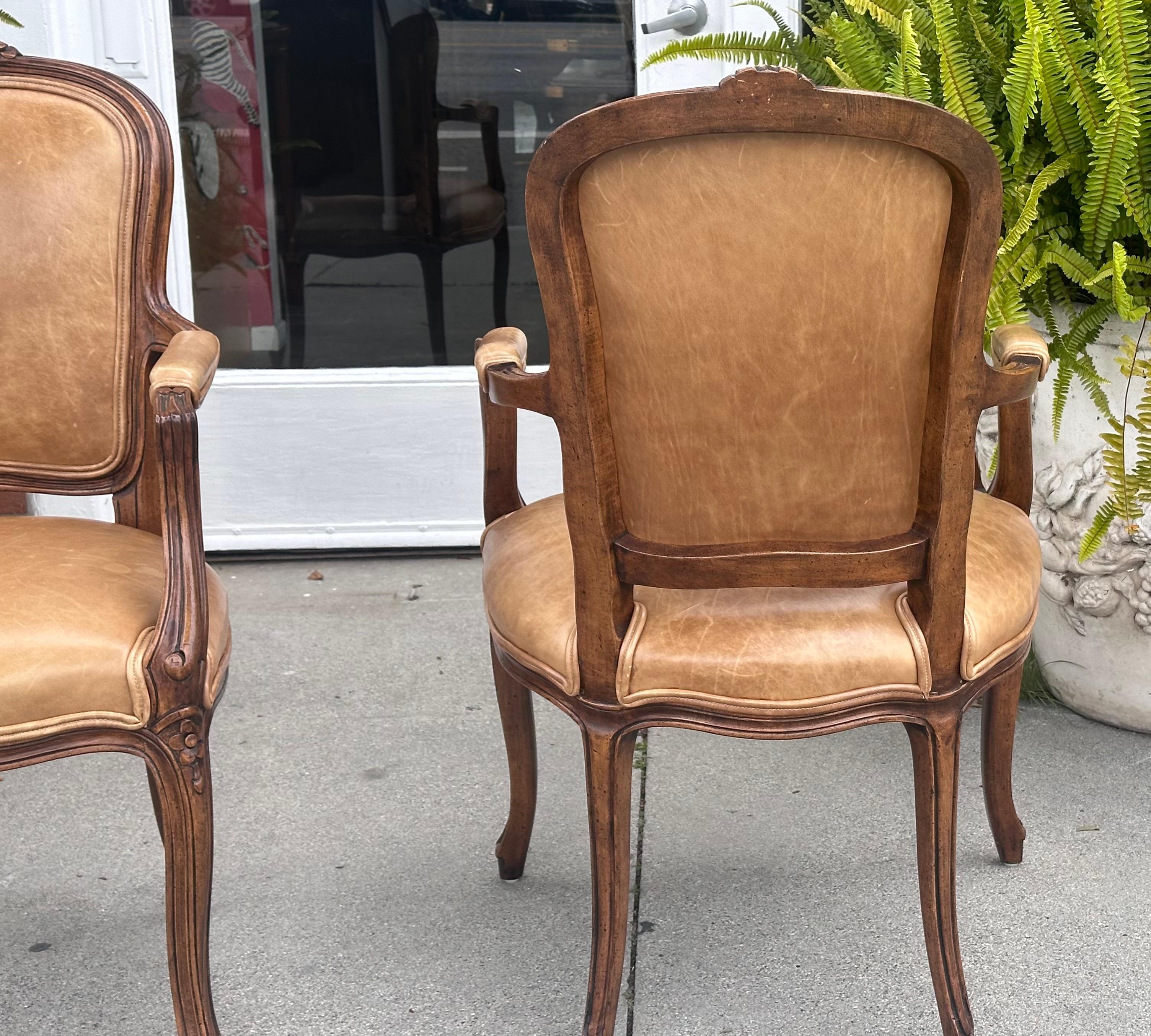 American Minton Spidell French Provincial Leather Arm Chairs For Sale