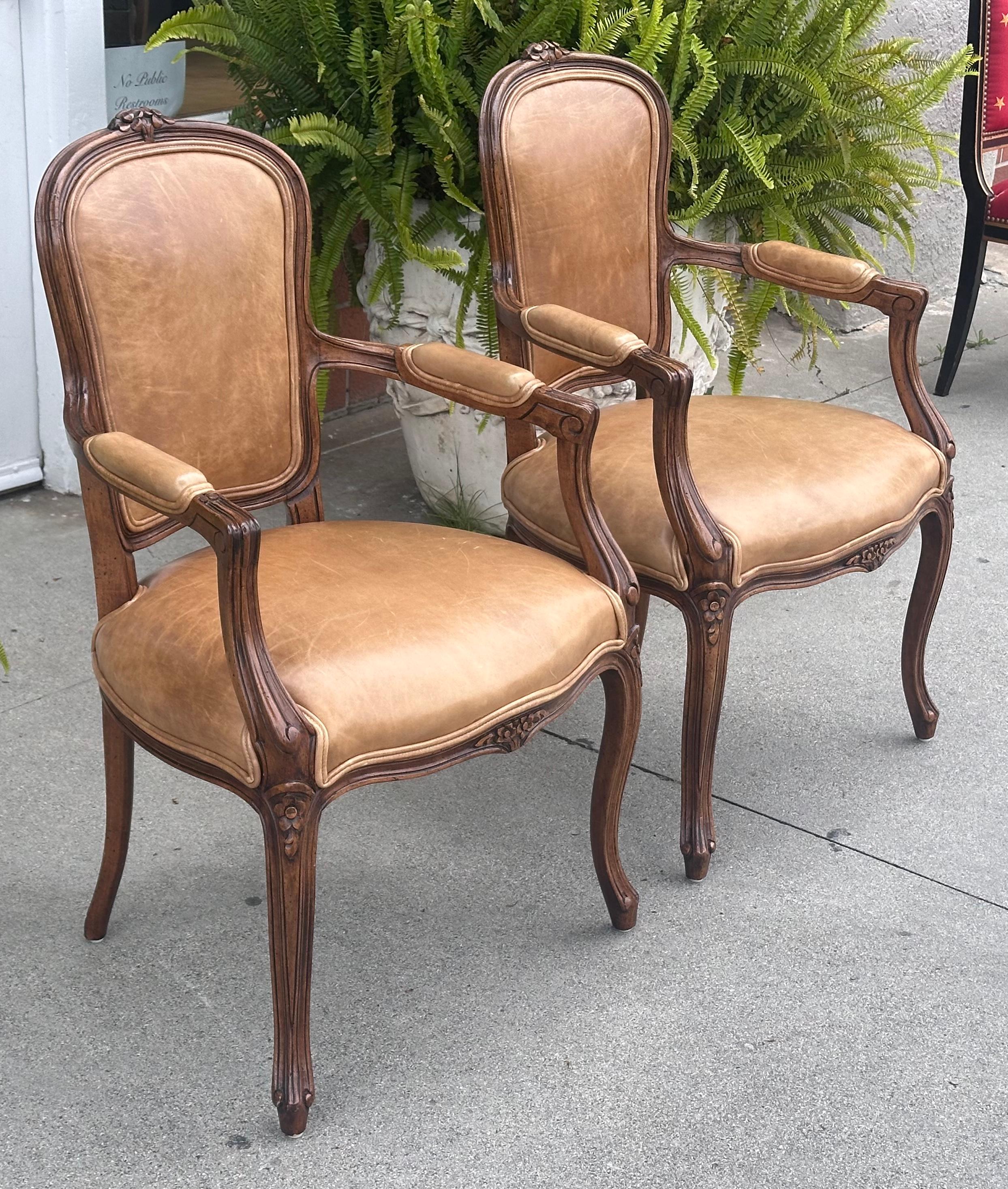 Late 20th Century Minton Spidell French Provincial Leather Arm Chairs For Sale