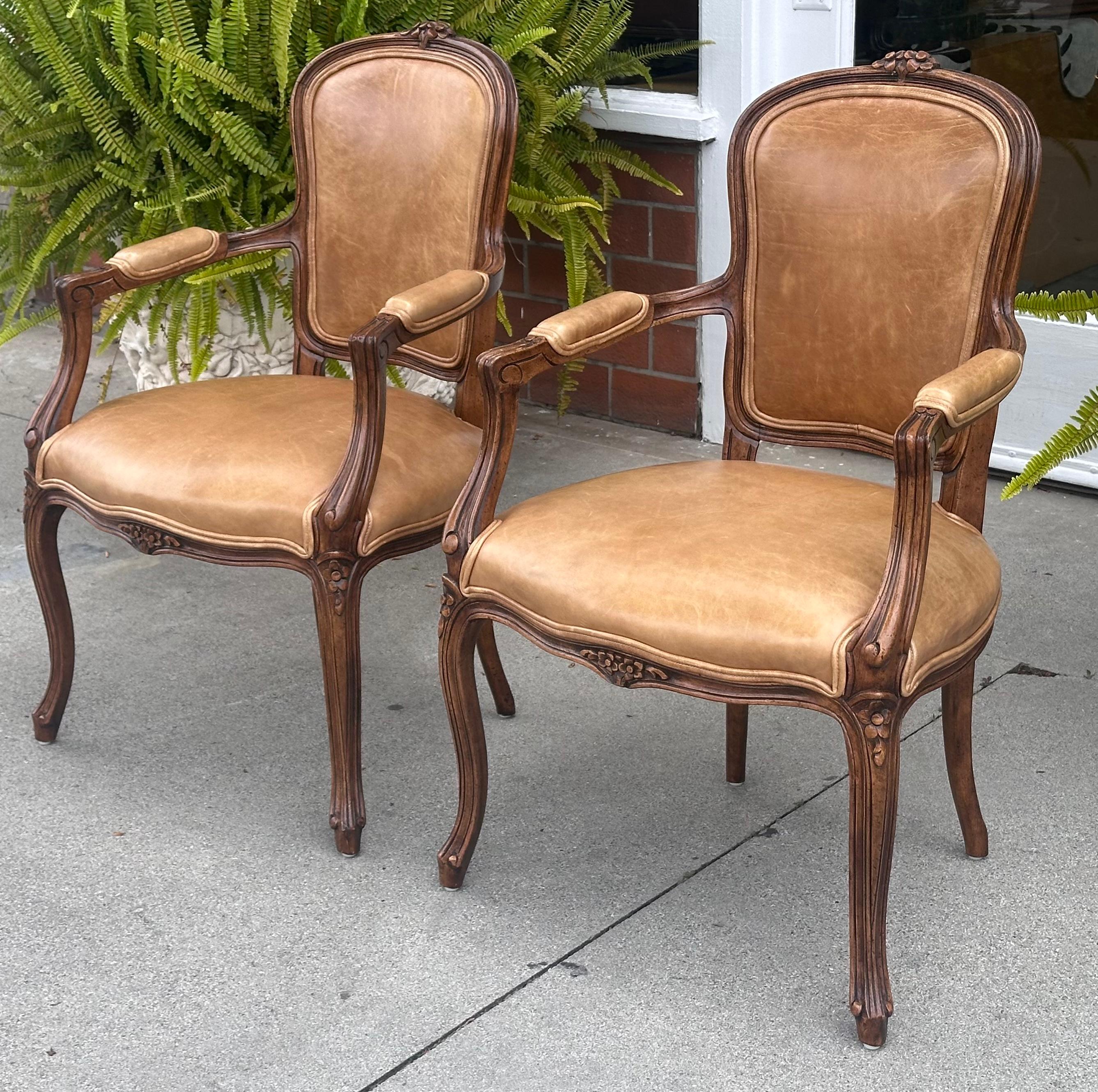 Minton Spidell French Provincial Leather Arm Chairs For Sale 1