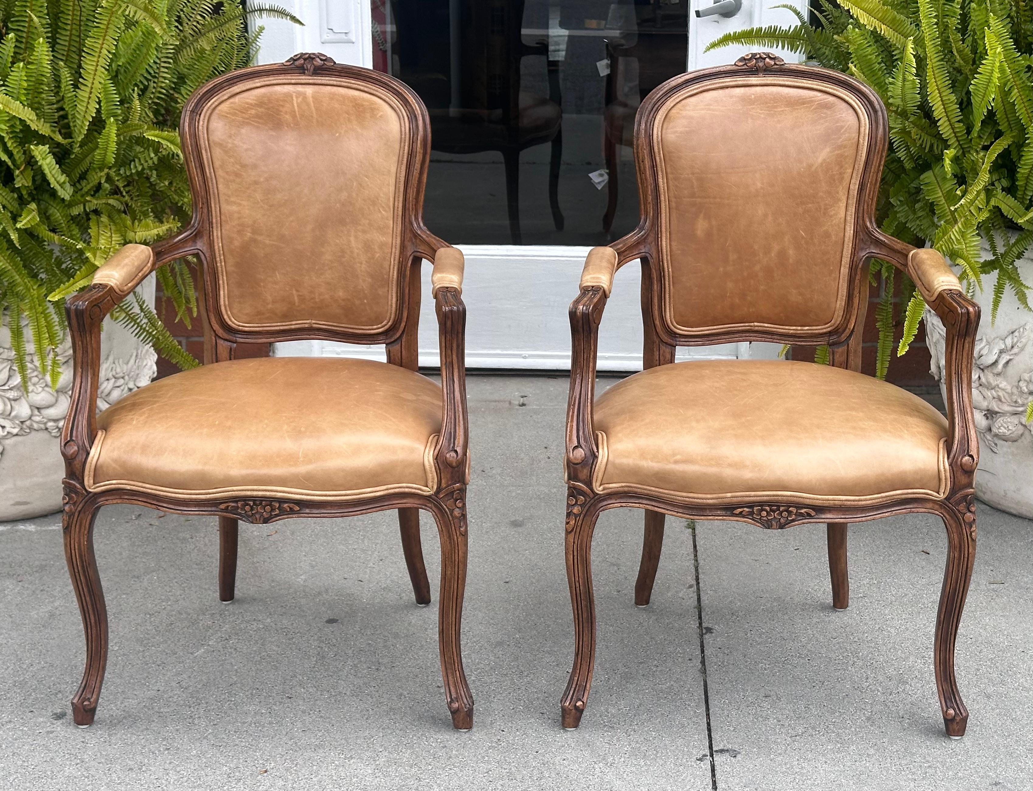 Minton Spidell French Provincial Leather Arm Chairs For Sale 2