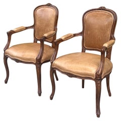 Retro Minton Spidell French Provincial Leather Arm Chairs