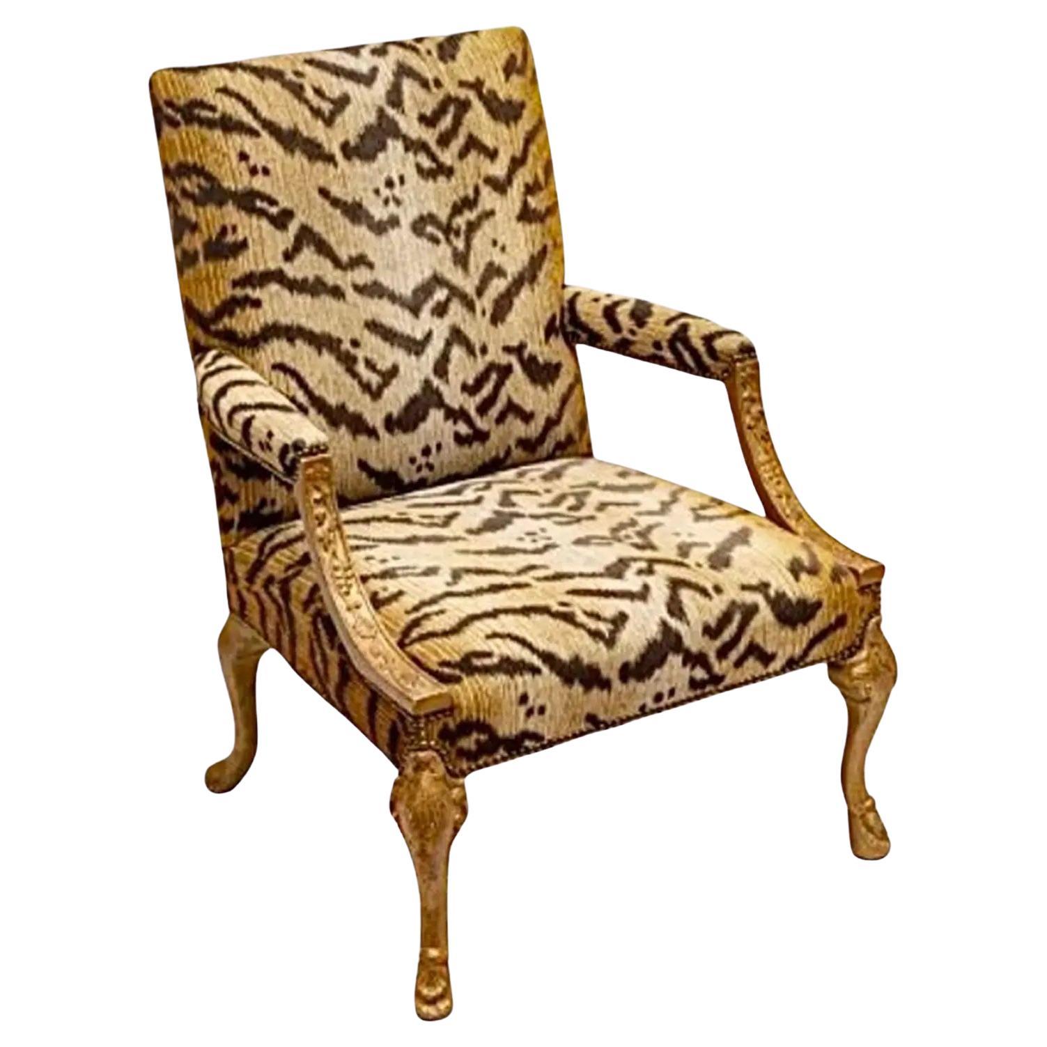 Minton Spidell George II Style Giltwood Armchair With Tiger Upholstery For Sale