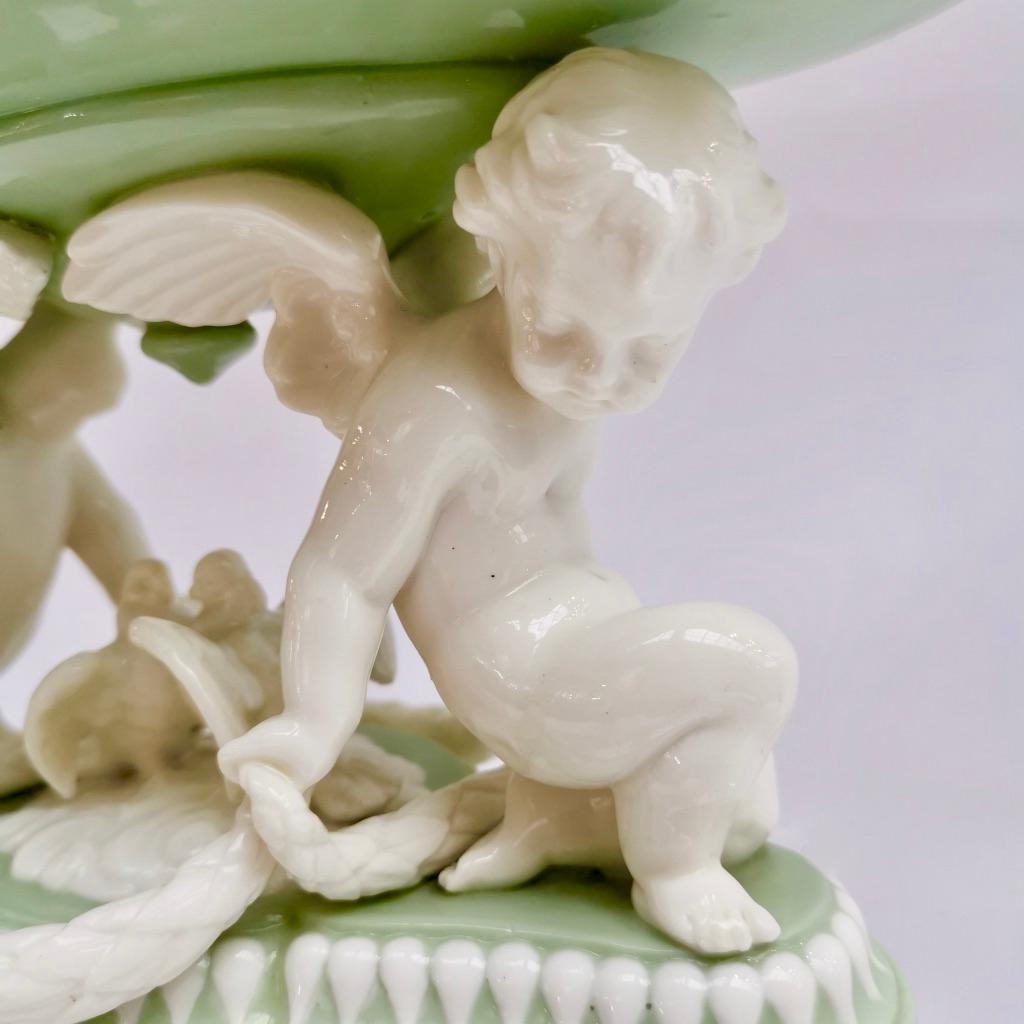 Molded Minton Porcelain Tazza, Parian Celadon Green, Cherubs and Doves, Victorian, 1855