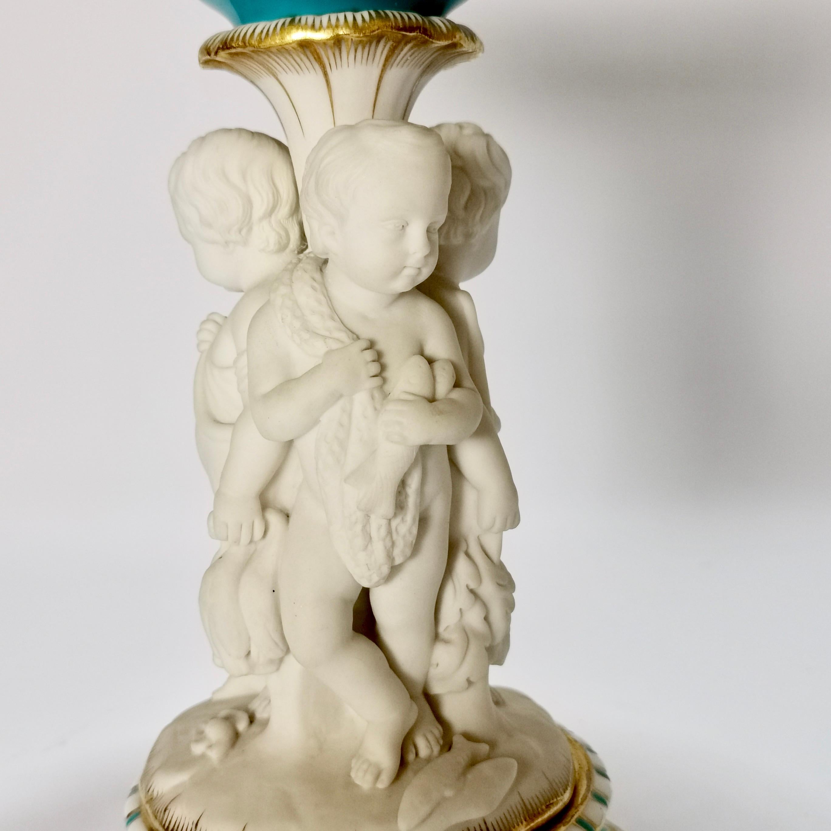English Minton Tazza, White Parian Porcelain Cherubs Hunting, Victorian, circa 1880