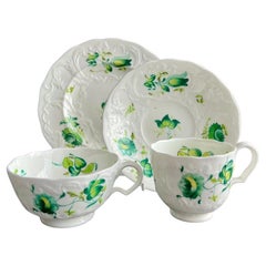 Minton Teacup Quartet, Bath Embossed, Green Flowers patt.38, ca 1830