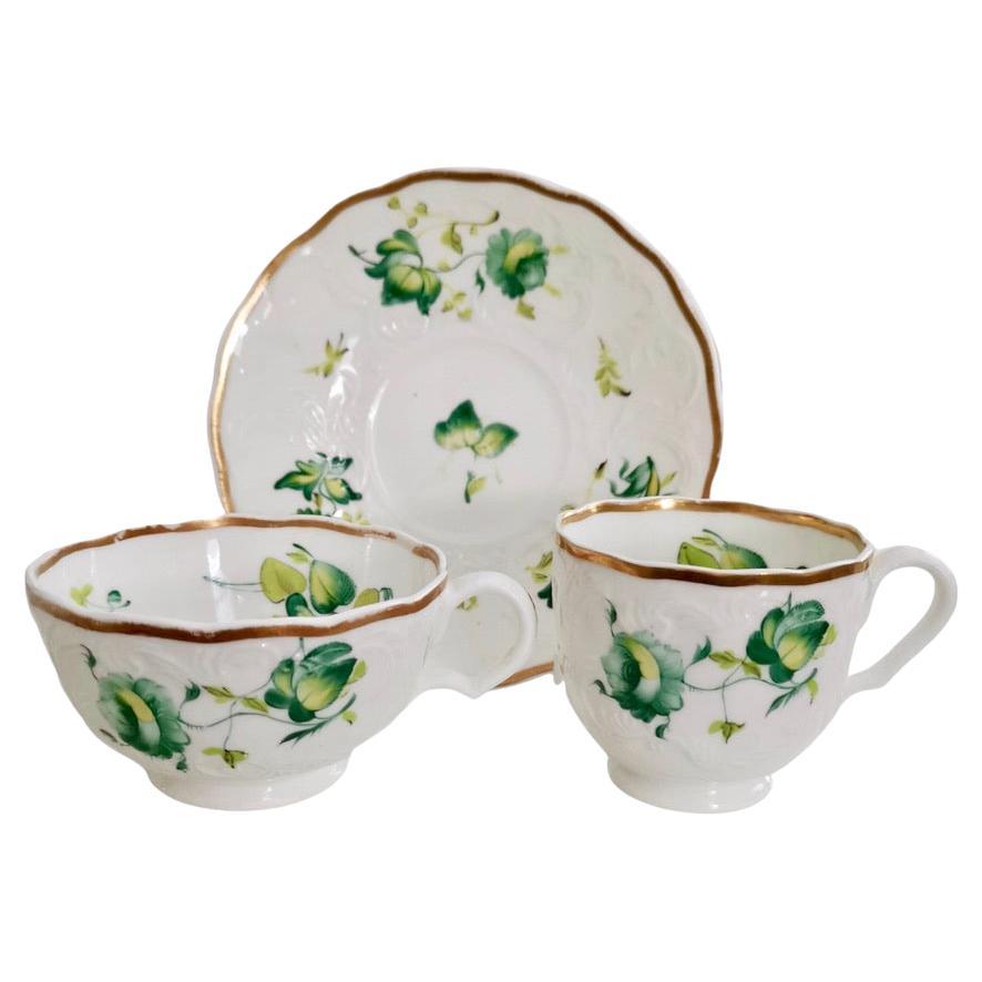 Minton Teacup Trio, Bath Embossed, Green Flowers Patt. 38/680, ca 1830