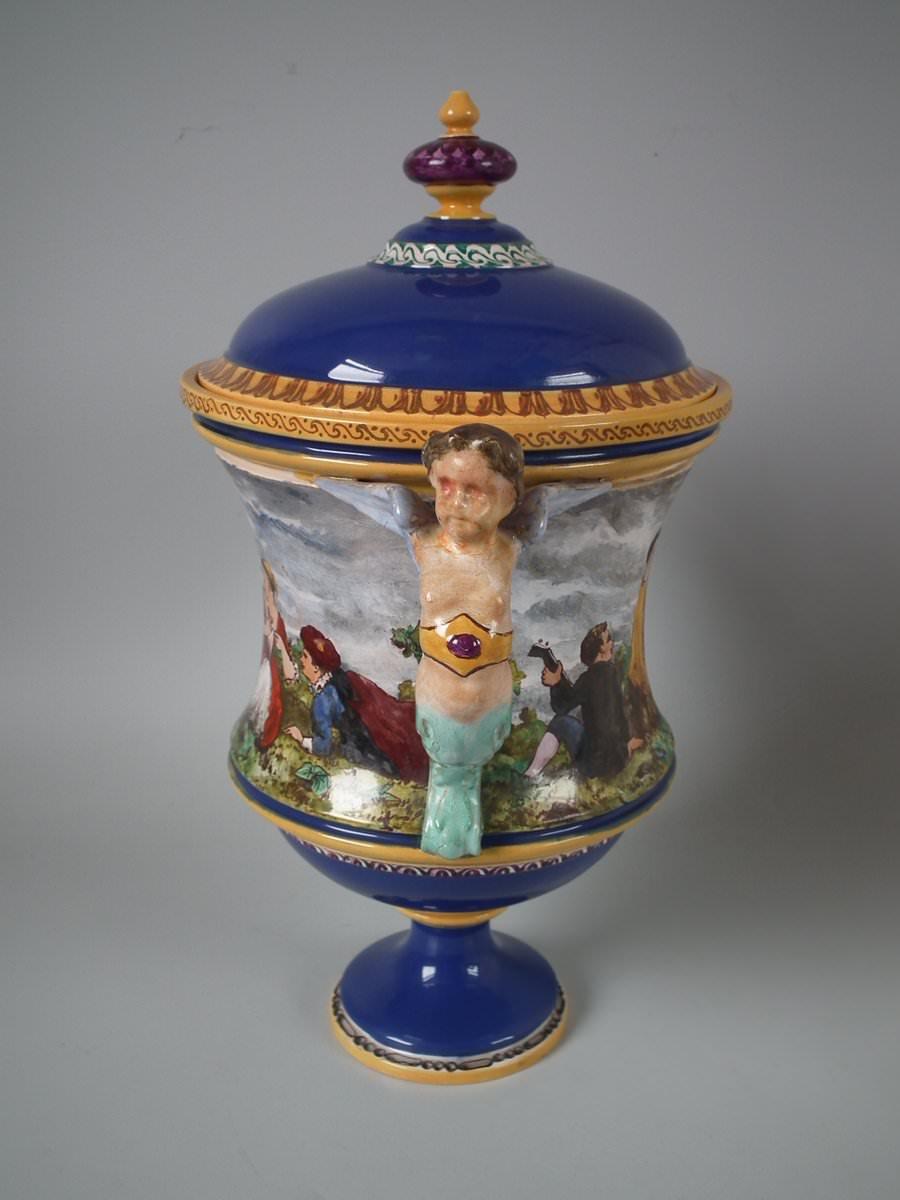 Minton Tin-Glazed Majolica Pictorial Lidded Vase For Sale 3