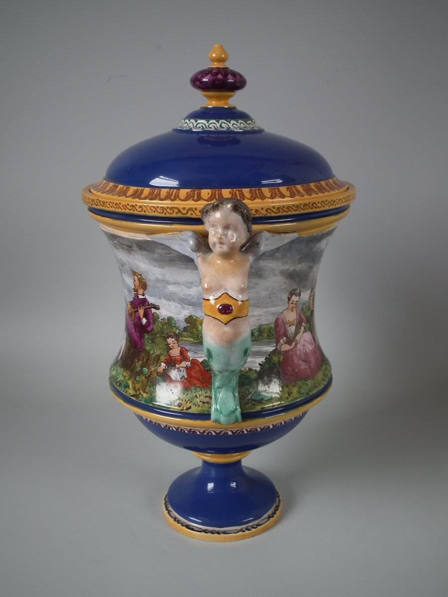 Minton Tin-Glazed Majolica Pictorial Lidded Vase For Sale 4