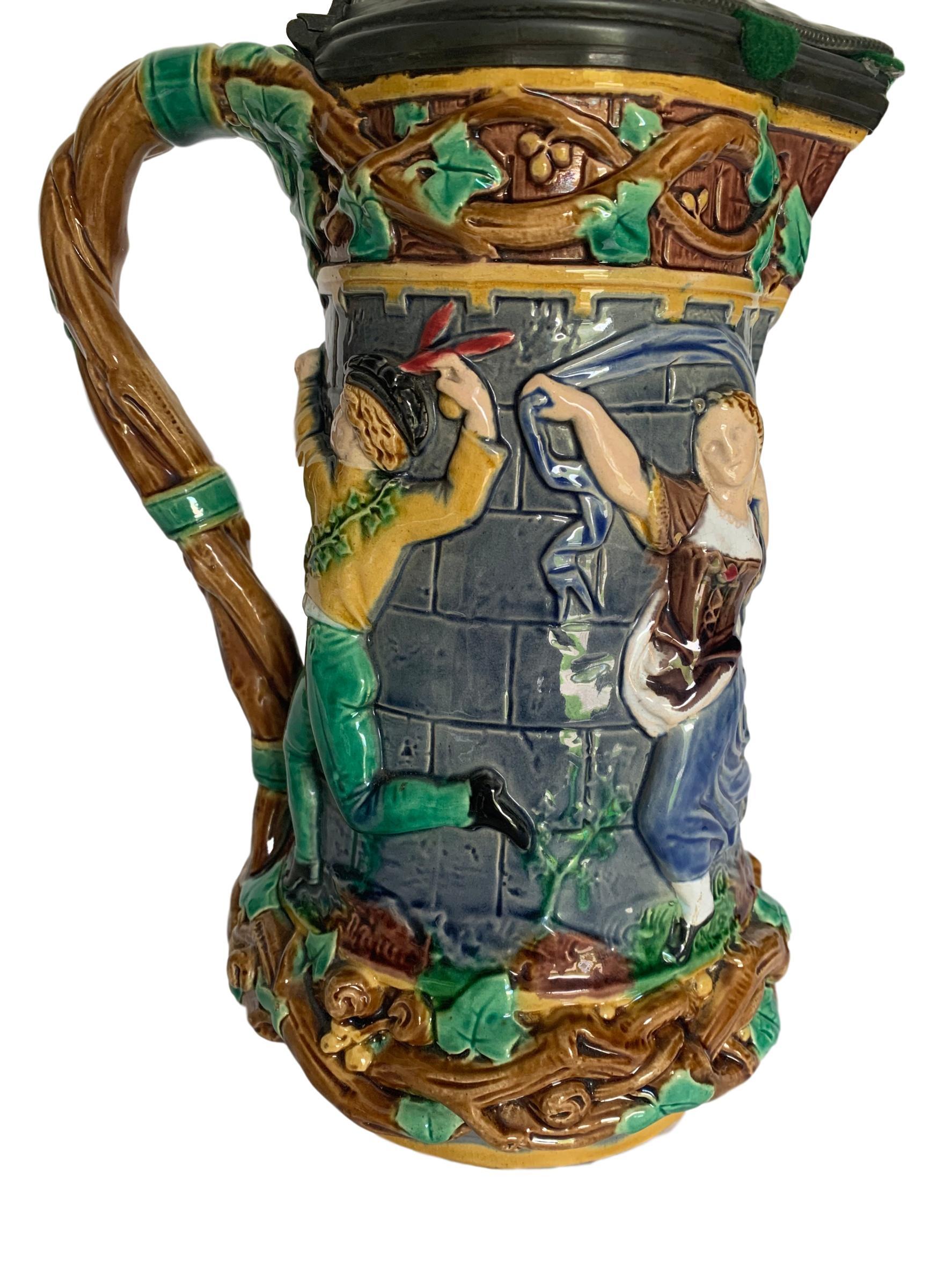 Victorian Minton Towered Jug w/ Pewter Lid & Medieval Dancers, English, date code 1876. For Sale