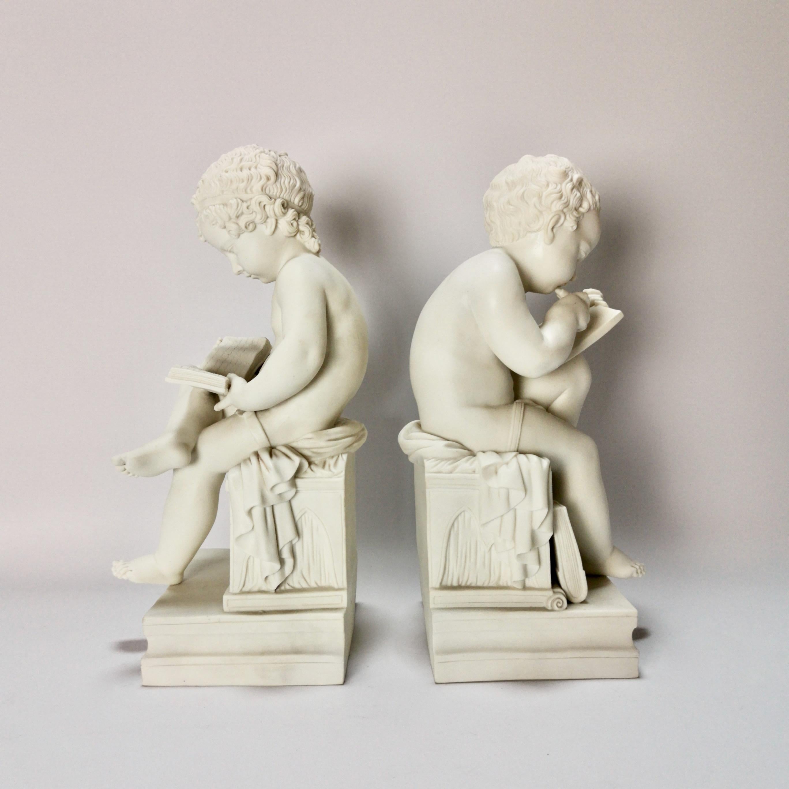 Victorian White Parian Figures, L'Enfant Lisant et L'Enfant Écrivant, after Lemire 19thC For Sale