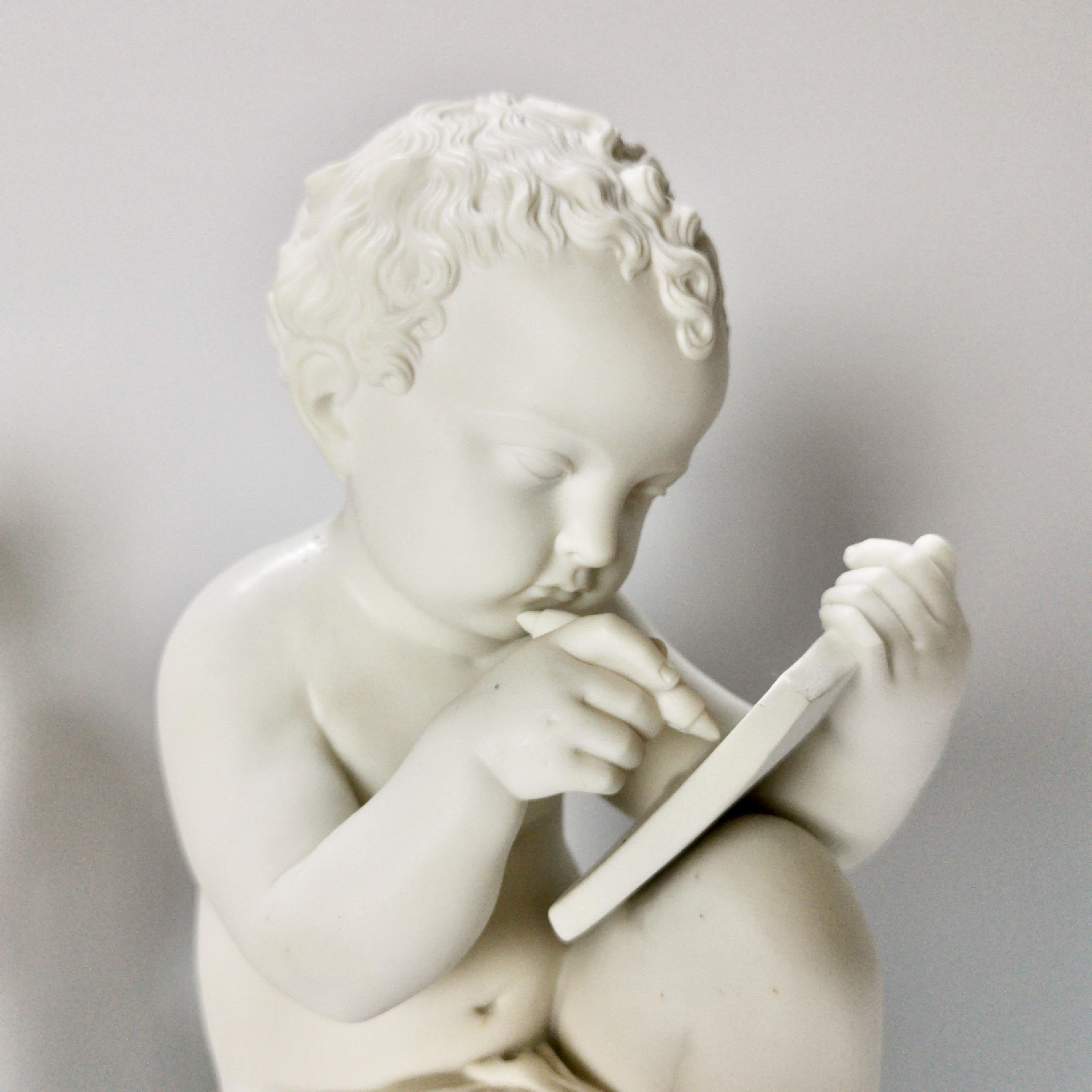 English White Parian Figures, L'Enfant Lisant et L'Enfant Écrivant, after Lemire 19thC For Sale