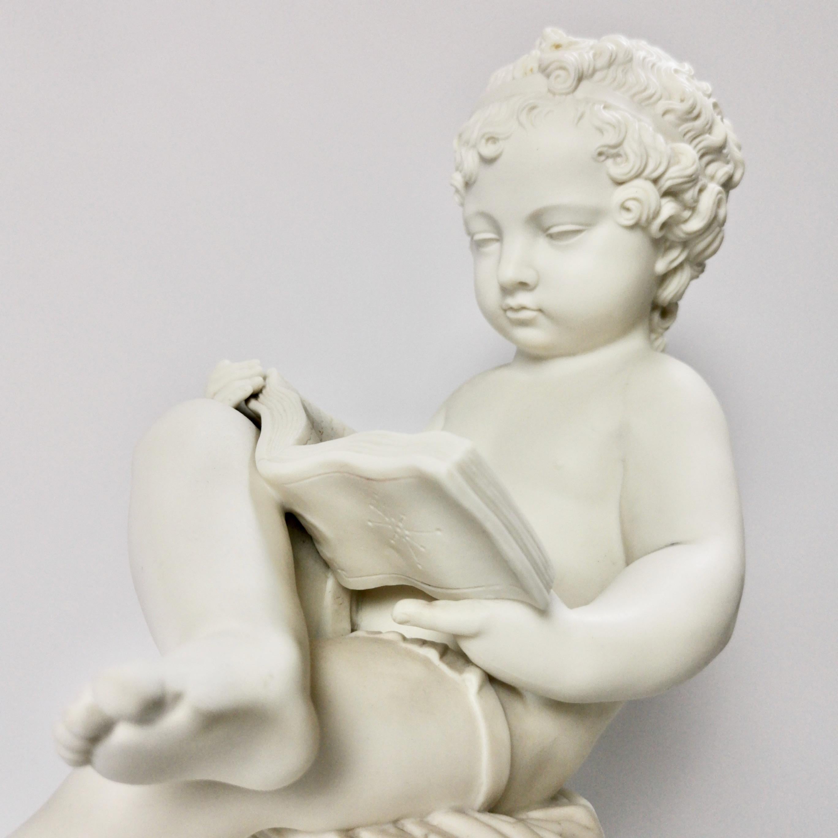 White Parian Figures, L'Enfant Lisant et L'Enfant Écrivant, after Lemire 19thC In Good Condition For Sale In London, GB