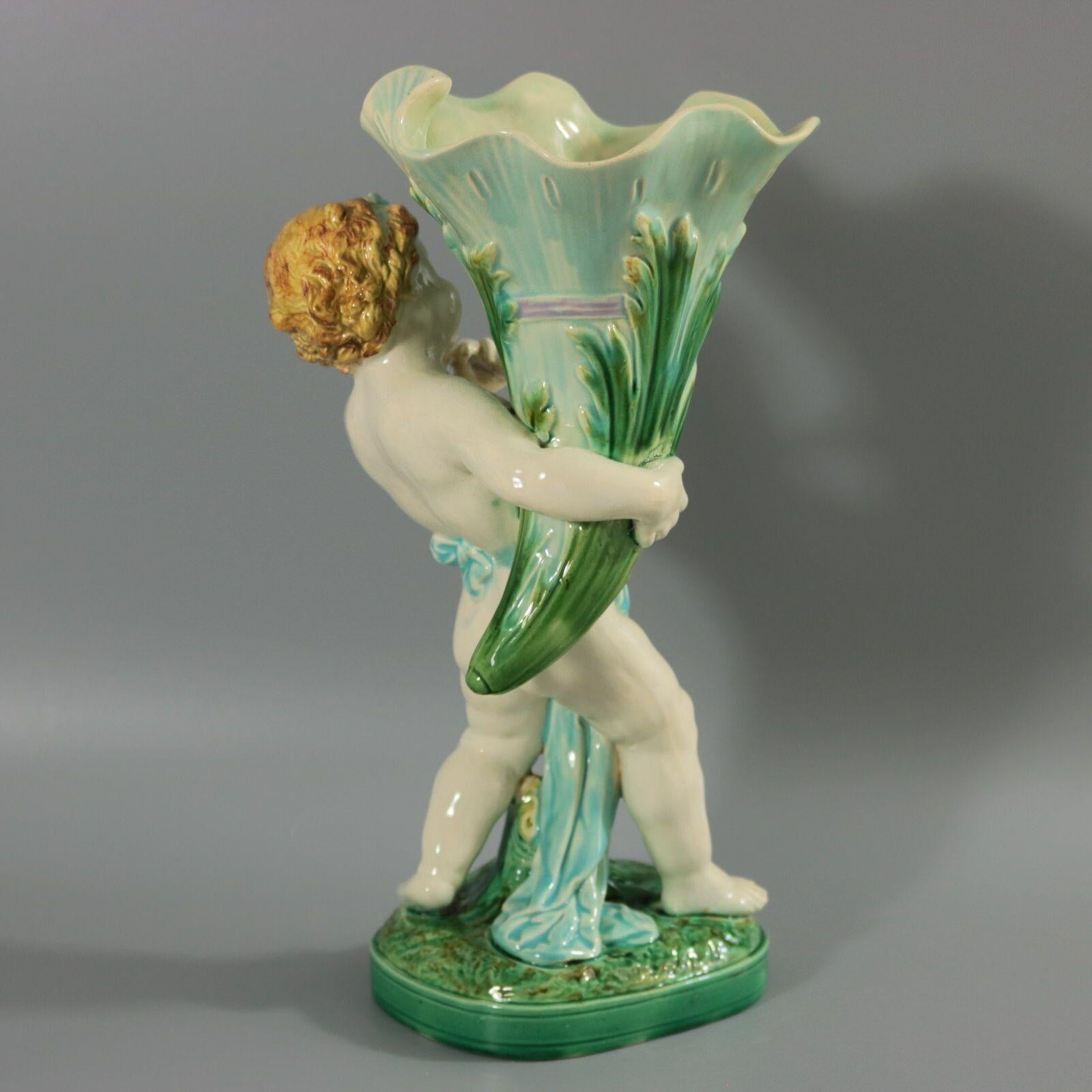 Mintons Majolica Putti Flower Holder Vase In Good Condition For Sale In Chelmsford, Essex