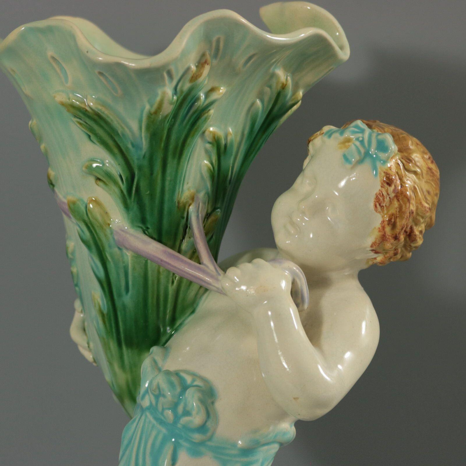 Mintons Majolica Putti Flower Holder Vase For Sale 3