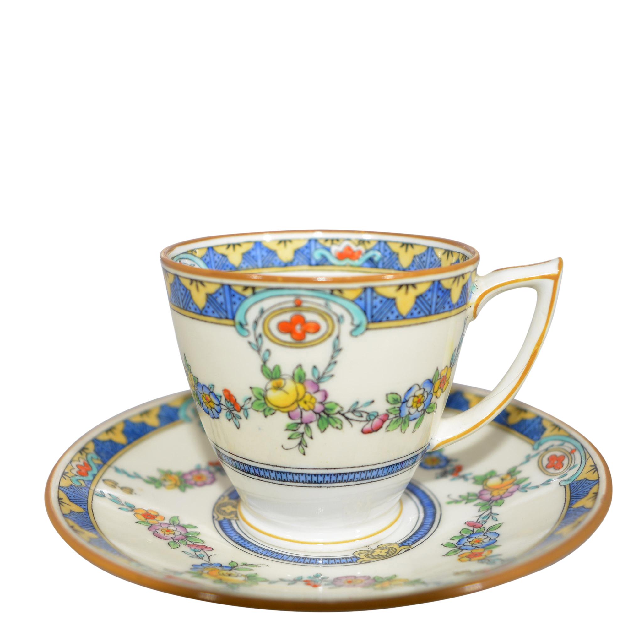 So delicate! This lovely, delicate demitasse cup and saucer set is sure to make any afternoon tea more enjoyable. The floral design contains pinks, yellows, greens and blues. There are 10 underplates and 10 cups in the set.
