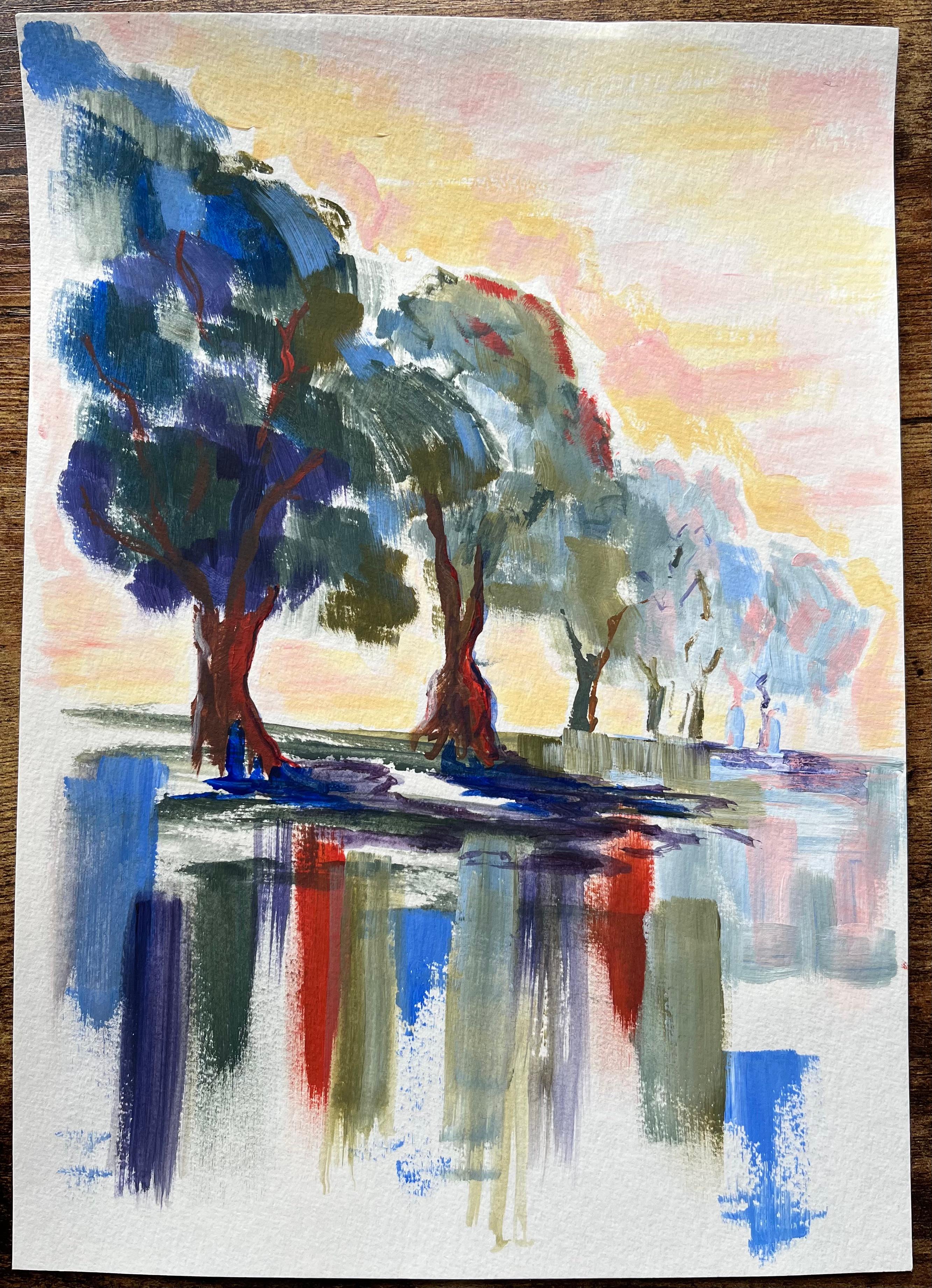 Pintura acrílica de paisaje con árboles y reflejos al amanecer - Painting de Minty Ramsey