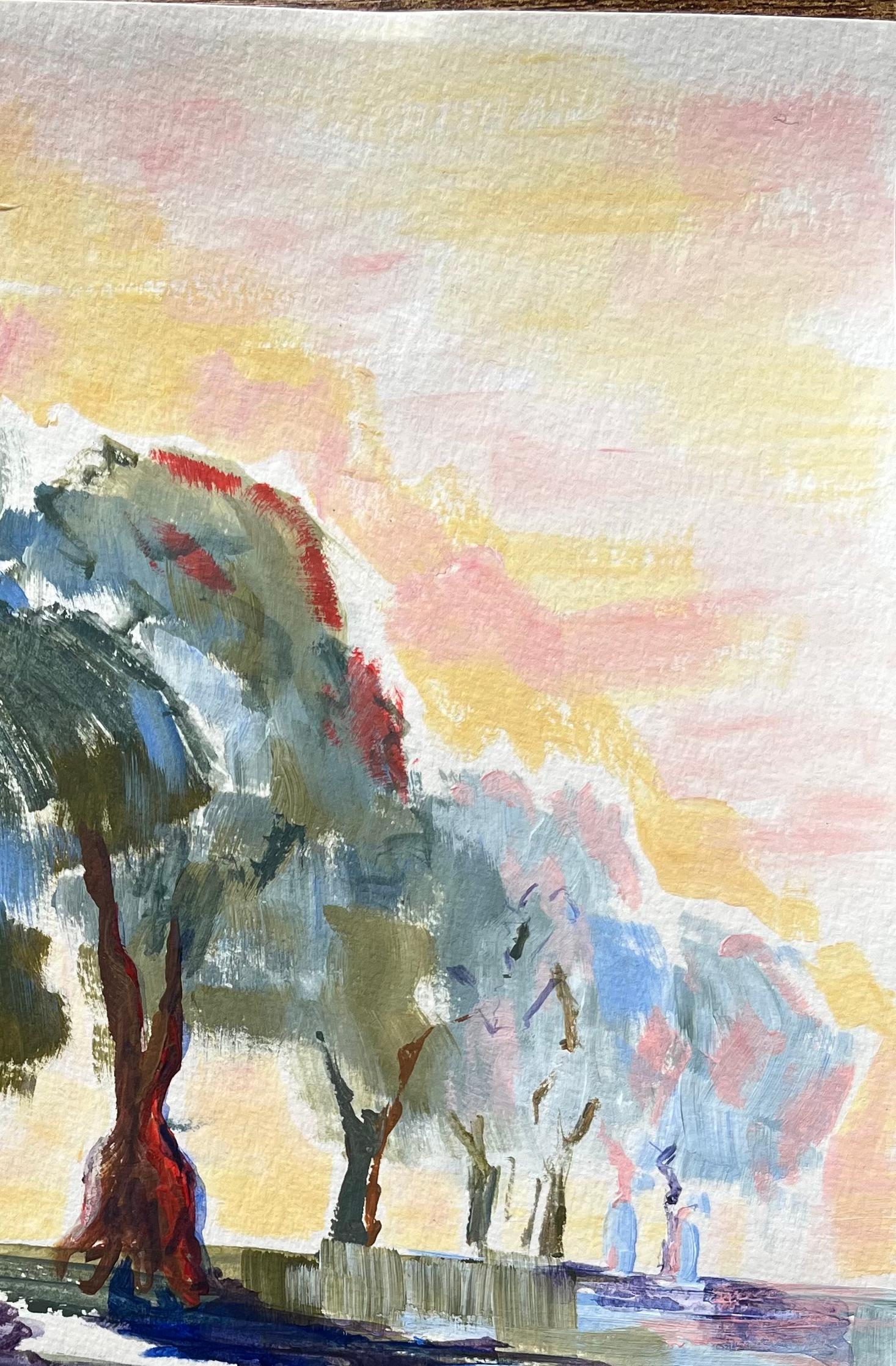 Pintura acrílica de paisaje con árboles y reflejos al amanecer - Abstract Painting Gris de Minty Ramsey