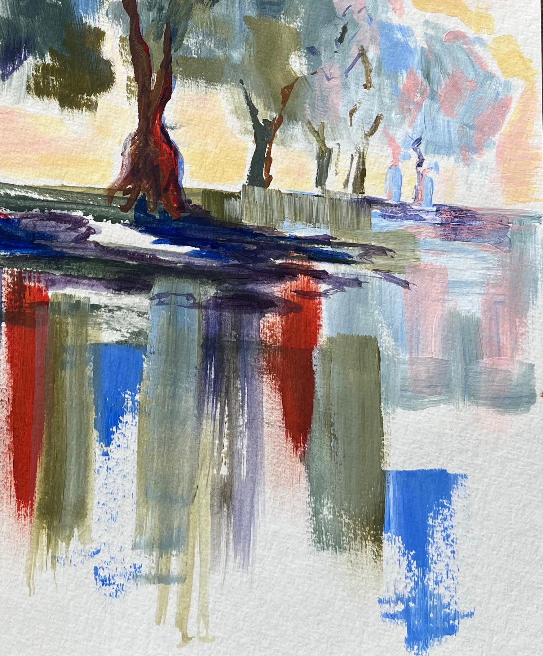 Título: Pintura acrílica de paisaje de línea de árboles y reflejos al amanecer
por Minty Ramsey
Firmado: Verso
Medio: Acrílico sobre papel
Tamaño: 11,5 pulgadas (alto) x 8,25 pulgadas (ancho)
Estado: Excelente, colores vivos, sin