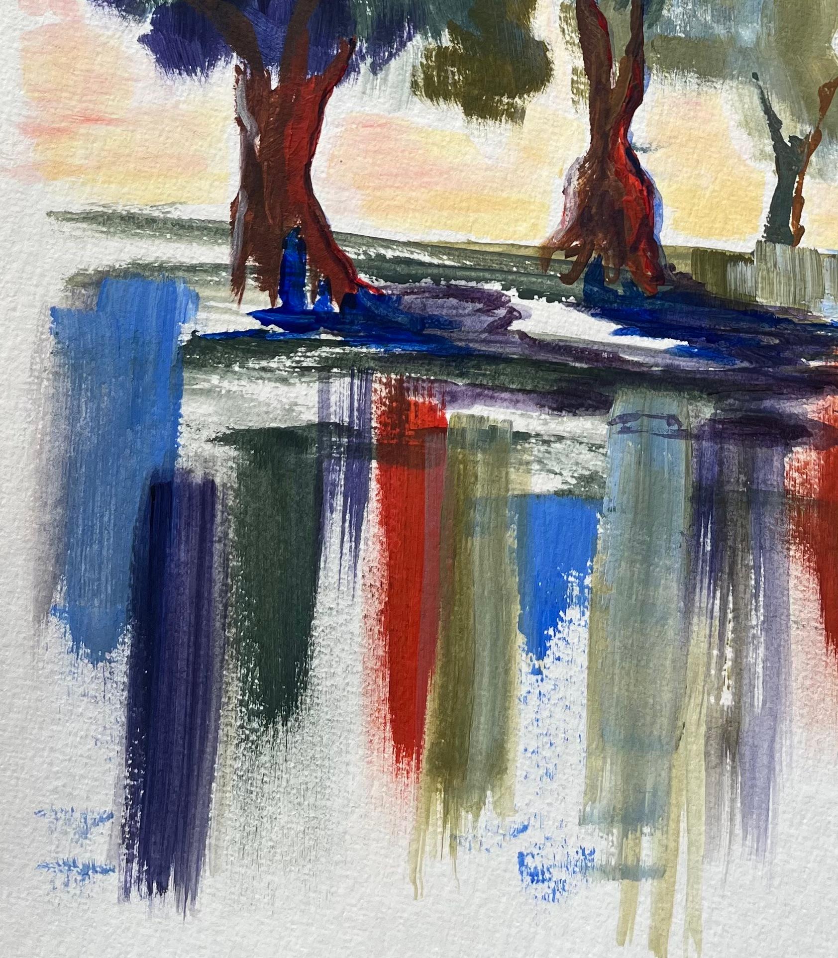 Pintura acrílica de paisaje con árboles y reflejos al amanecer en venta 1