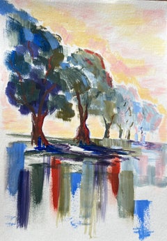 Acrylic Landscape Painting of Tree Line and Reflections at Sunrise