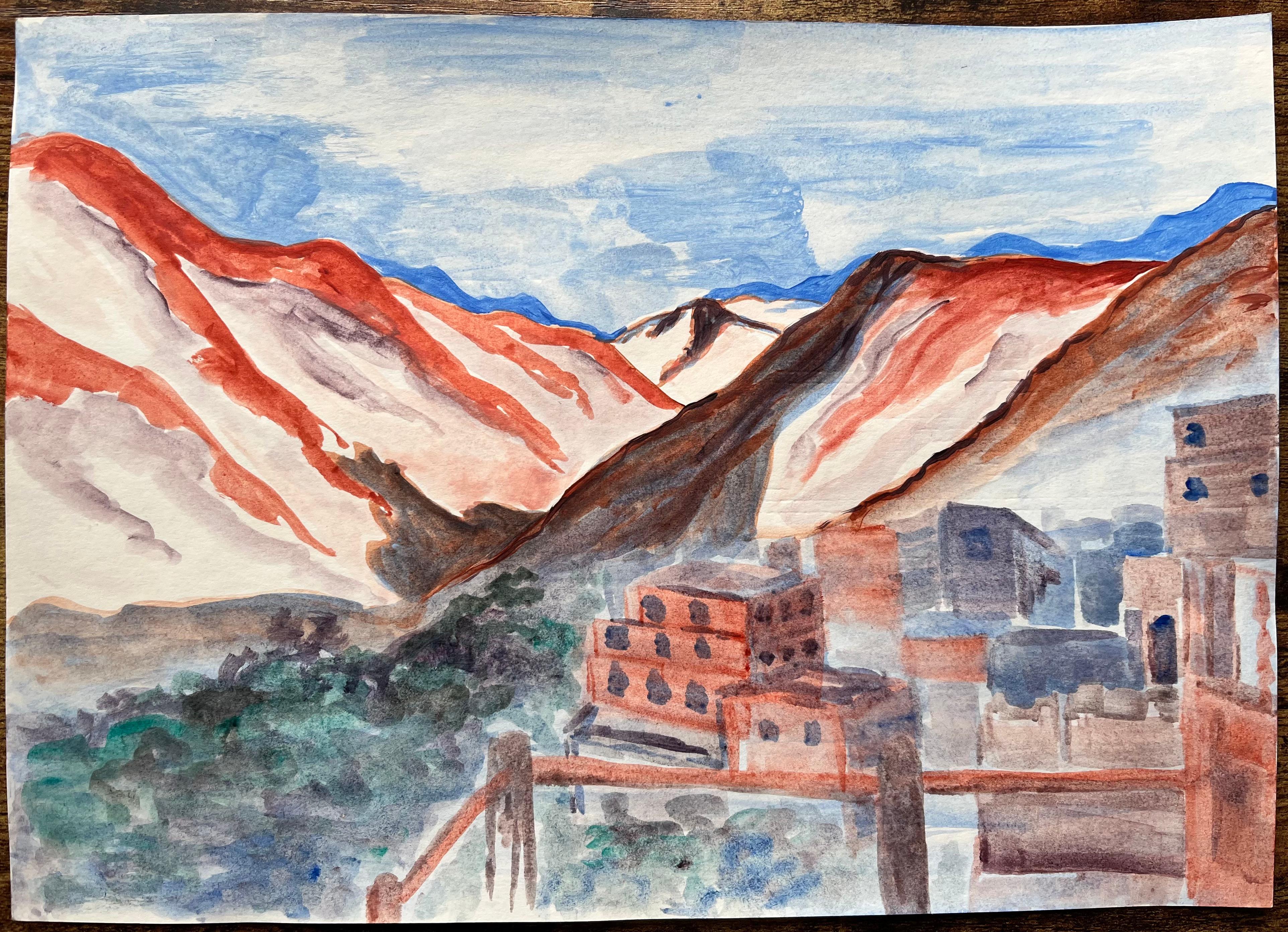Pintura acrílica de un pueblo de las montañas del Atlas con picos de tierra roja - Painting de Minty Ramsey