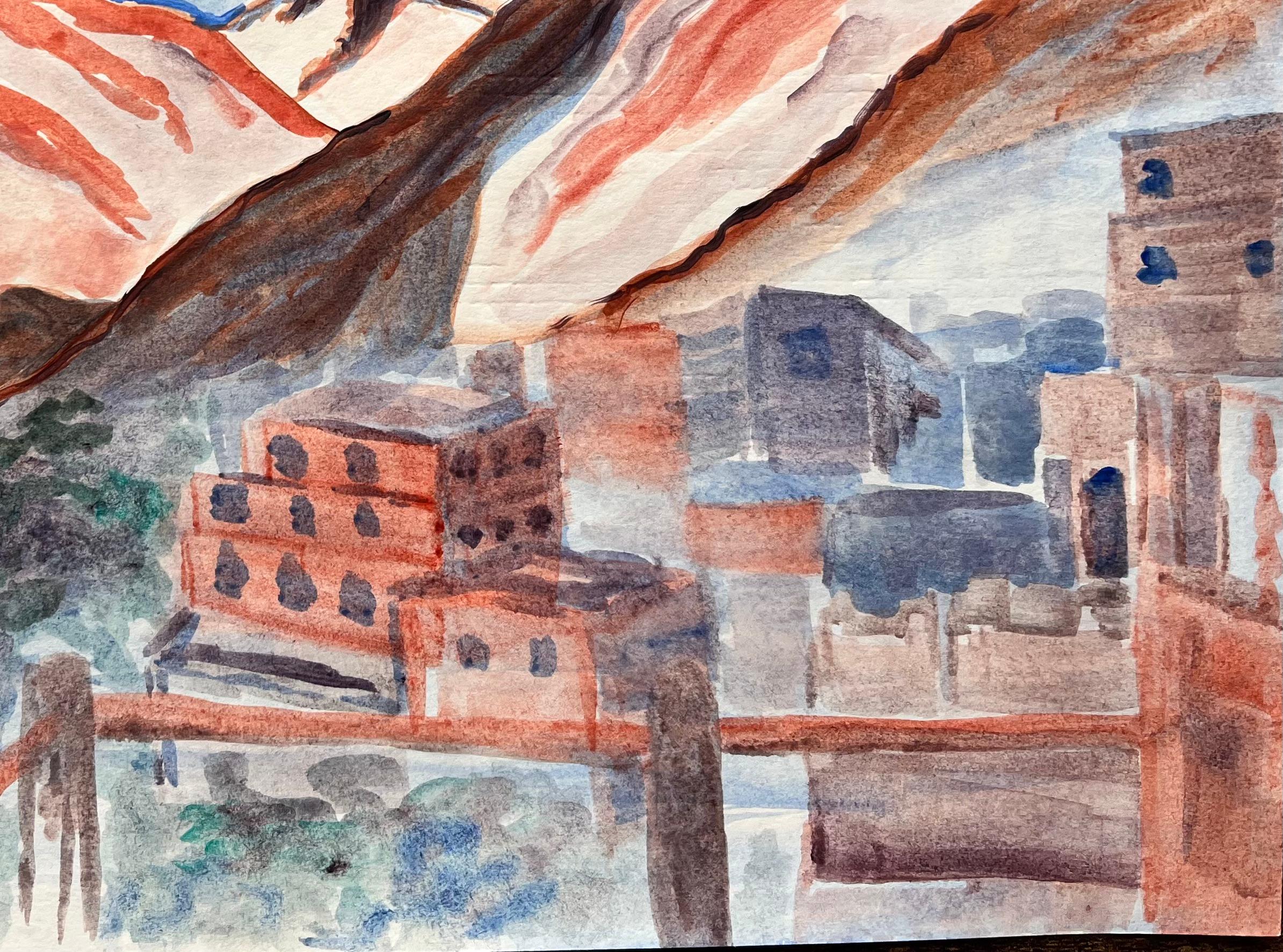 Pintura acrílica de un pueblo de las montañas del Atlas con picos de tierra roja - Painting Impresionista de Minty Ramsey