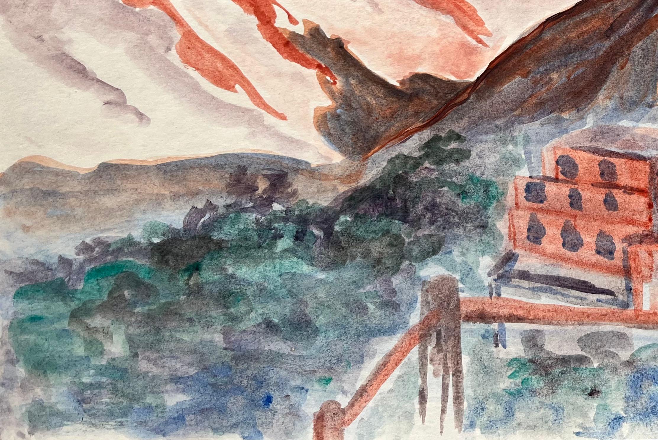 Pintura acrílica de un pueblo de las montañas del Atlas con picos de tierra roja - Landscape Painting Gris de Minty Ramsey