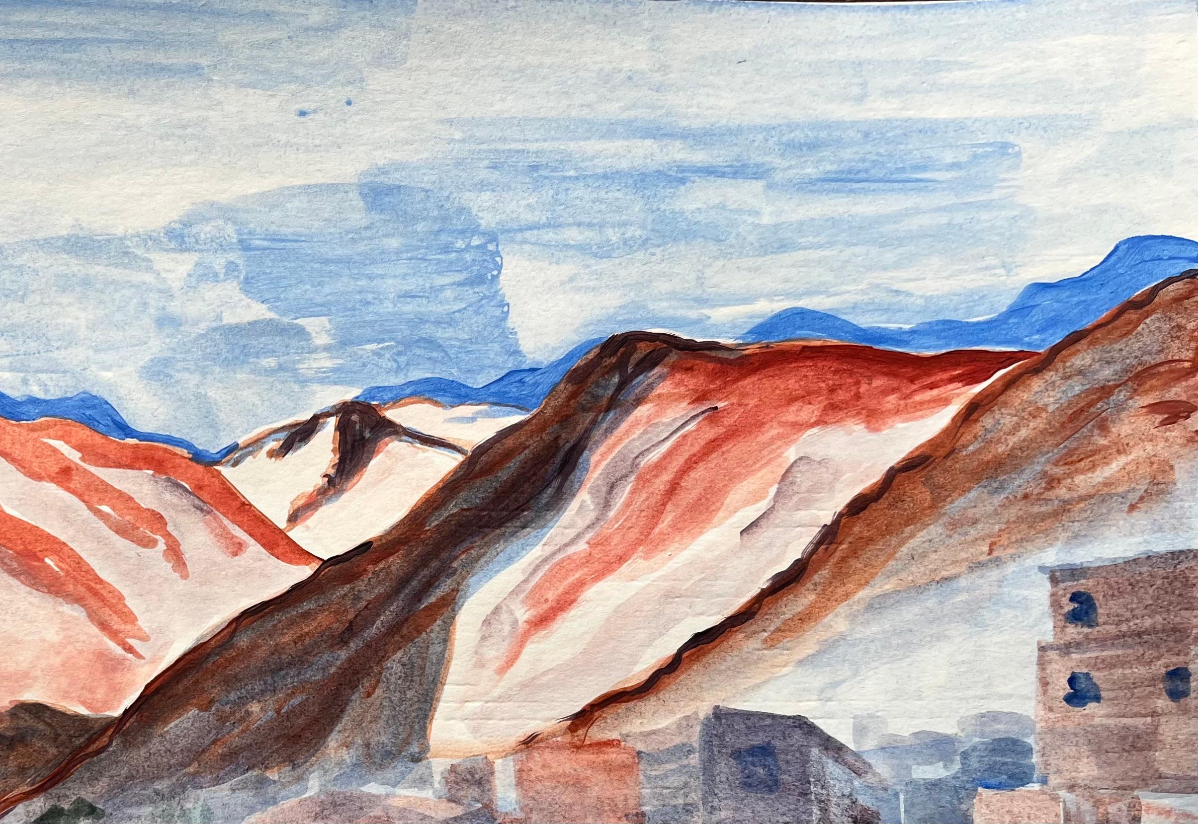 Pintura acrílica de un pueblo de las montañas del Atlas con picos de tierra roja en venta 1