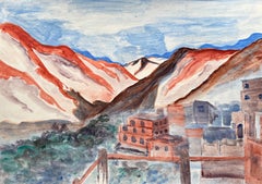 Pittura acrilica del villaggio delle montagne dell'Atlante con le cime della Terra Rossa