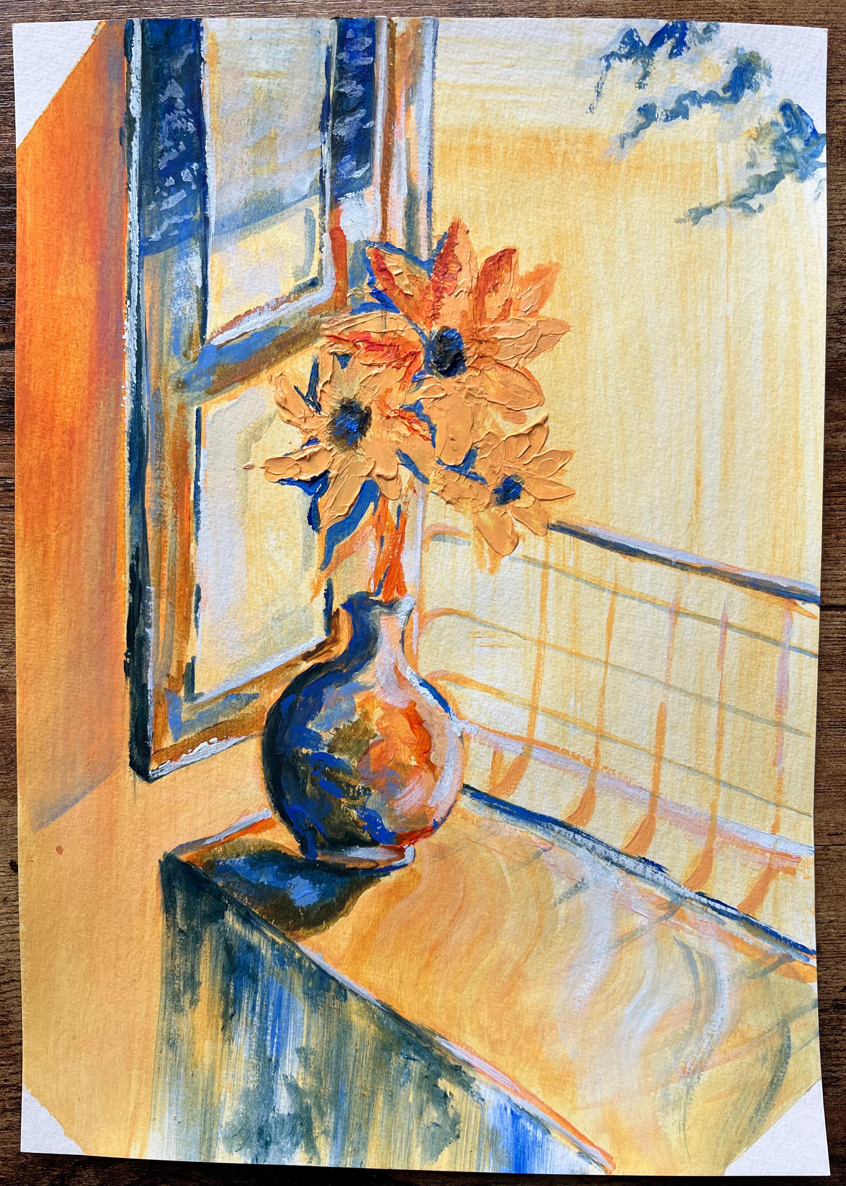 Acrylic Still Life Painting of Sunflowers in Vase by Sunlit Window - Beige Abstract Painting by Minty Ramsey