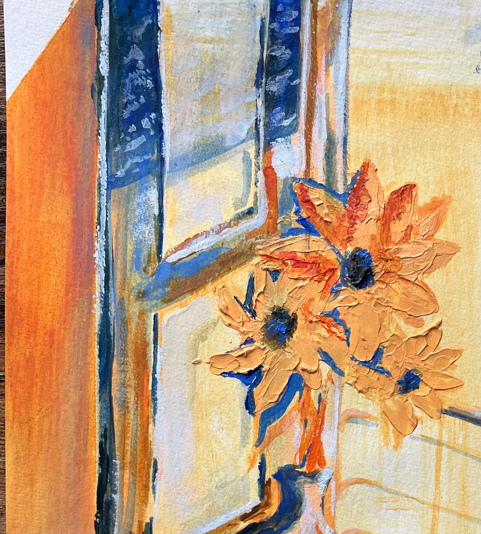 Title: Acrylic Still Life Painting of Sunflowers in Vase by Sunlit Window
by Minty Ramsey
Signed: Verso
Medium: Acrylic on Paper
Size: 11.5 inches (height) x 8.25 inches (width)
Condition: Excellent, vivid colors, no damage

Description:
This