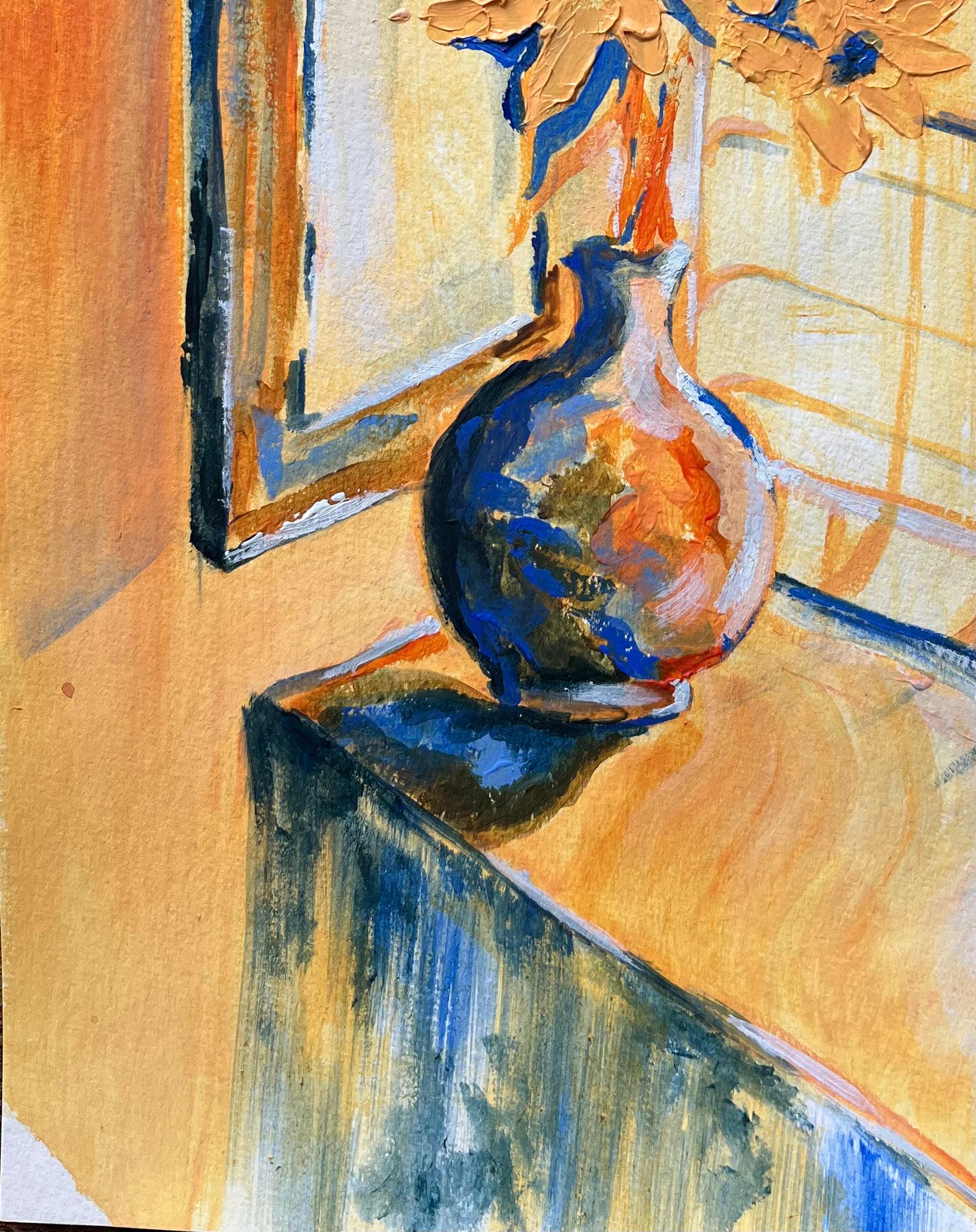 Acrylic Still Life Painting of Sunflowers in Vase by Sunlit Window For Sale 2