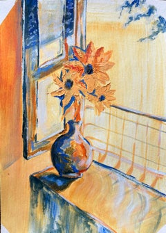 Acrylic Still Life Painting of Sunflowers in Vase by Sunlit Window