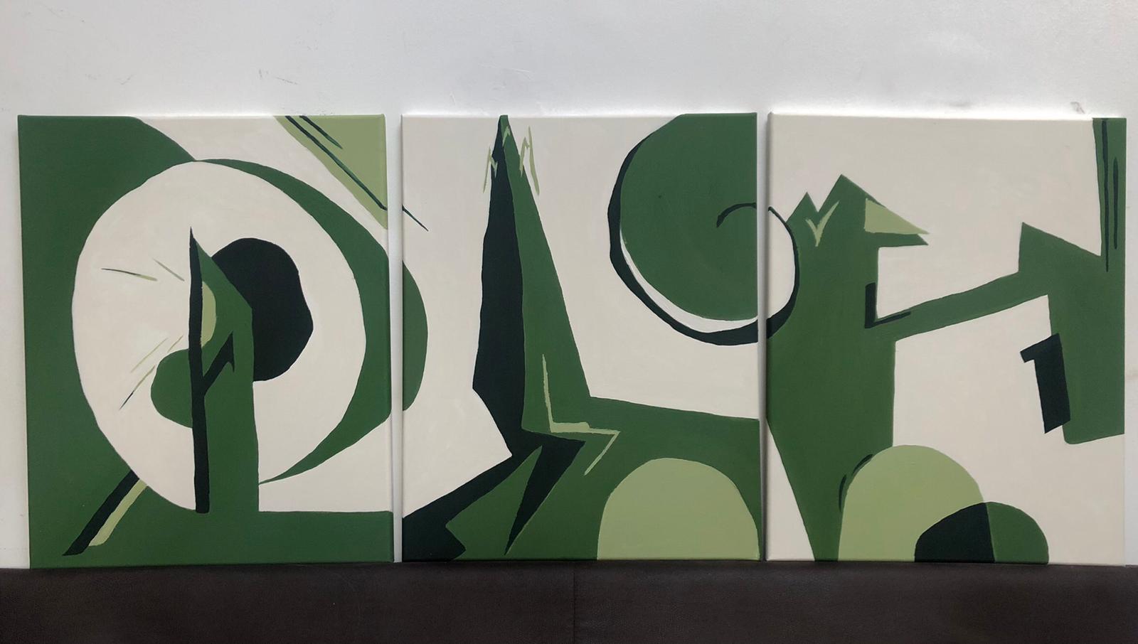 Artiste britannique contemporain Grand Triptyque Ensemble de 3 - Abstraits verts - Painting de Minty Ramsey