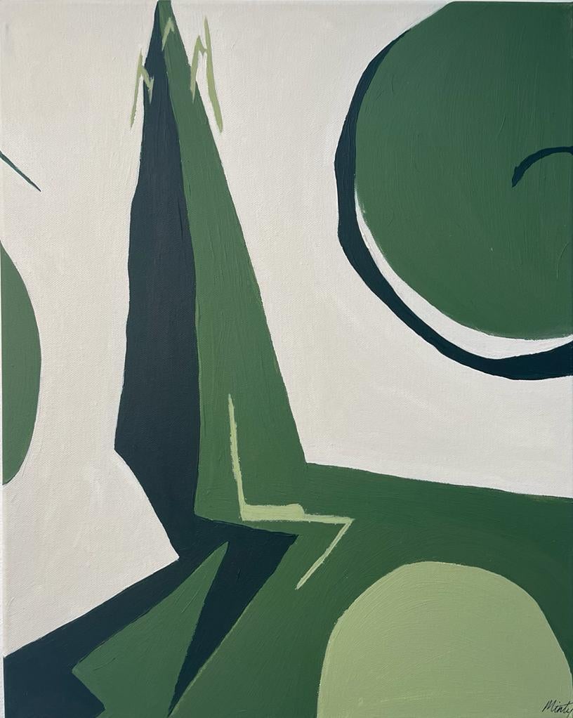 Artiste britannique contemporain Grand Triptyque Ensemble de 3 - Abstraits verts - Gris Abstract Painting par Minty Ramsey