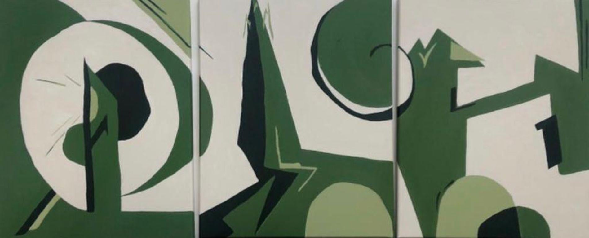 Abstract Painting Minty Ramsey - Artiste britannique contemporain Grand Triptyque Ensemble de 3 - Abstraits verts