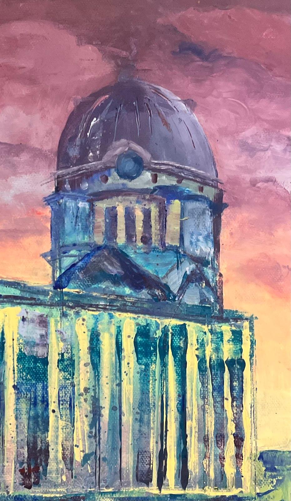 Peinture acrylique abstraite colorée Coucher de soleil contemporain sur Greenwich - Marron Landscape Painting par Minty Ramsey
