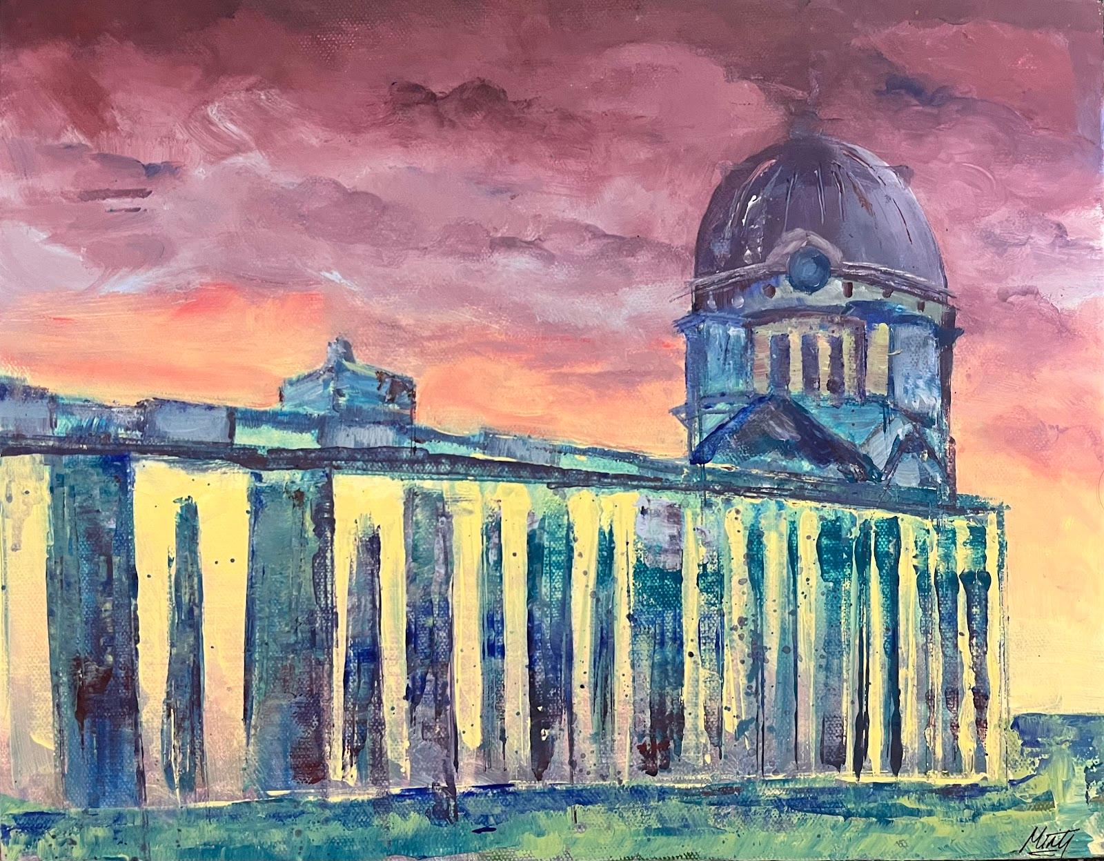 Landscape Painting Minty Ramsey - Peinture acrylique abstraite colorée Coucher de soleil contemporain sur Greenwich