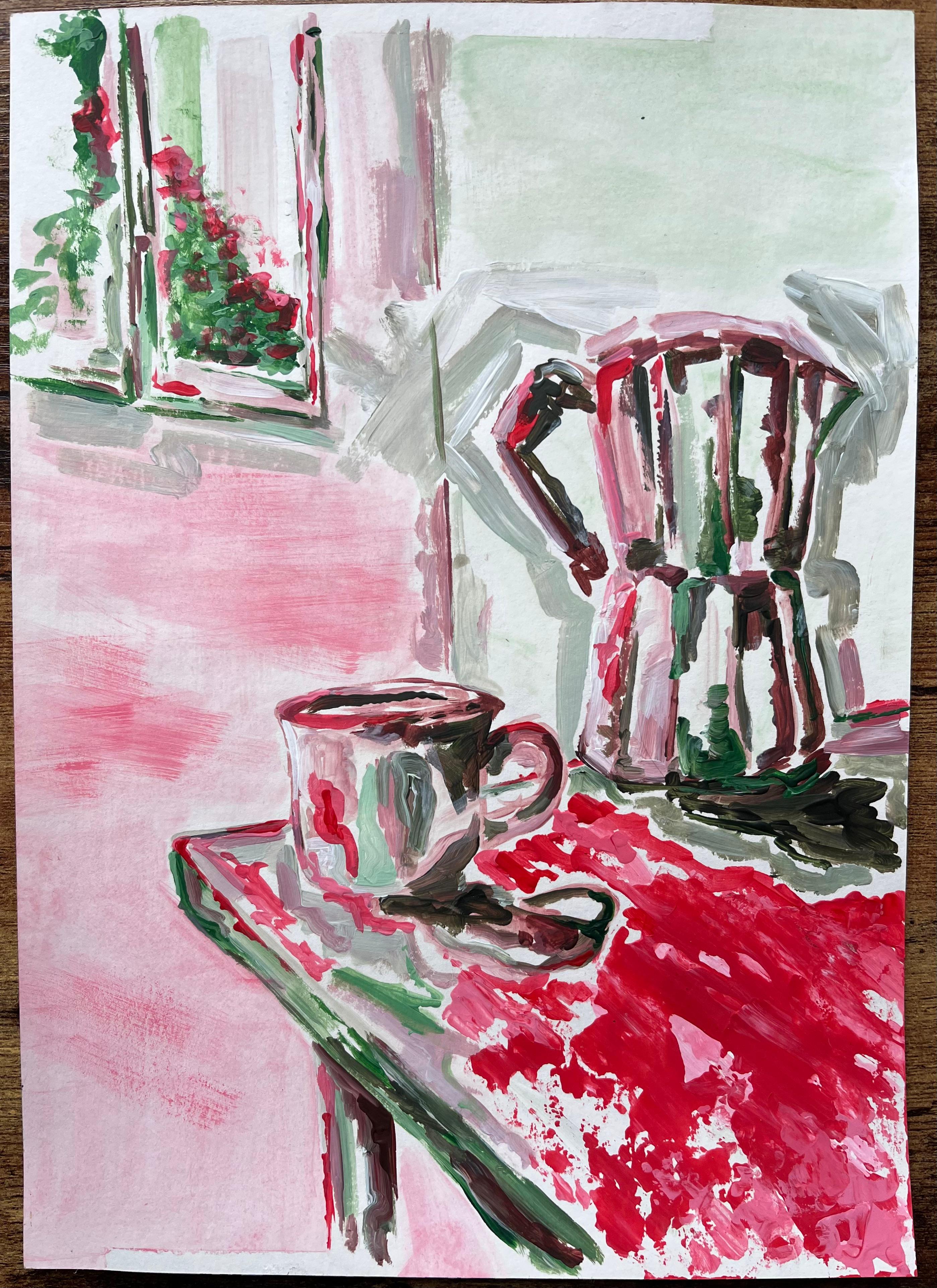 Pintura acrílica contemporánea de taza de café y cafetera Moka con vista a la ventana - Painting de Minty Ramsey