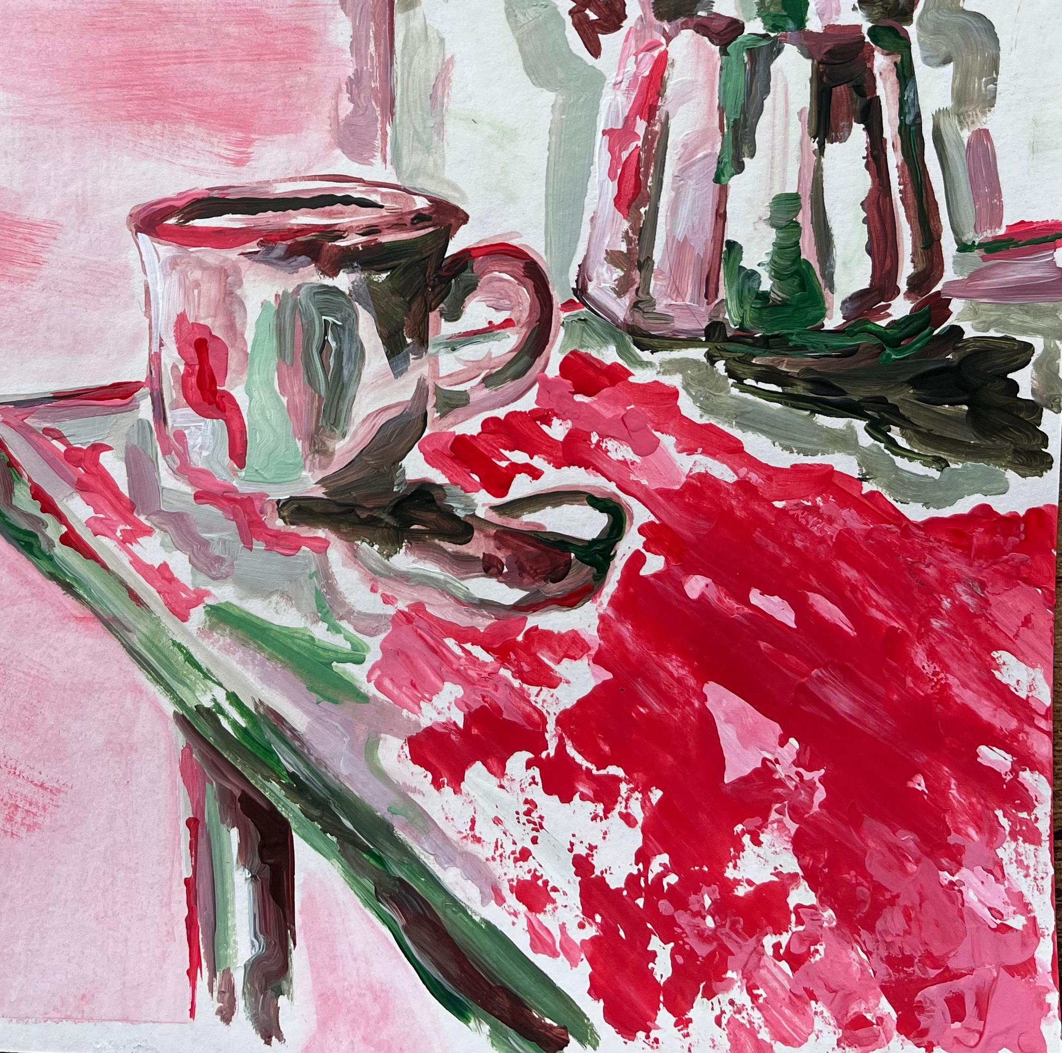 Pintura acrílica contemporánea de taza de café y cafetera Moka con vista a la ventana - Painting Impresionista de Minty Ramsey
