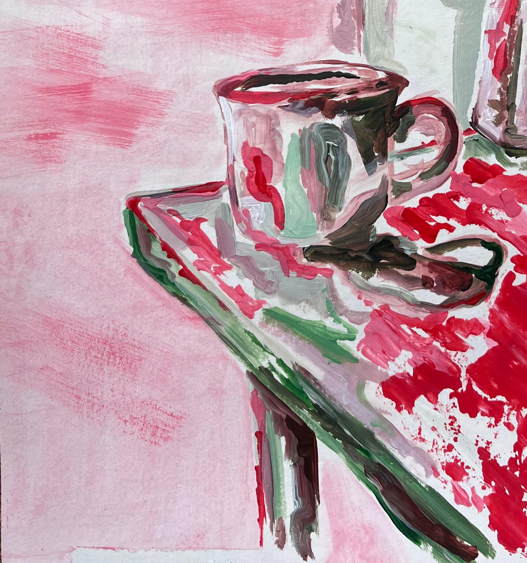 Pintura acrílica contemporánea de taza de café y cafetera Moka con vista a la ventana - Abstract Painting Gris de Minty Ramsey