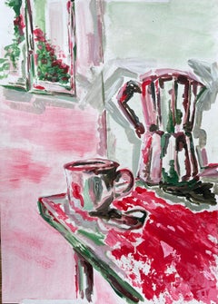 Contemporary Acrylic Painting of Coffee Cup and Moka Pot with Window View